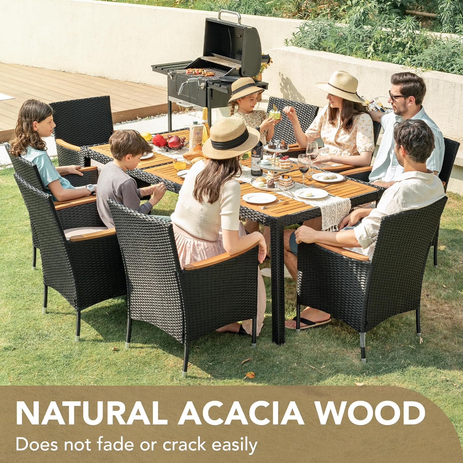 Devoko Dining 7 PCS Furniture Patio Conversation Set with Acacia Wood Table Top Rattan Outdoor wourant