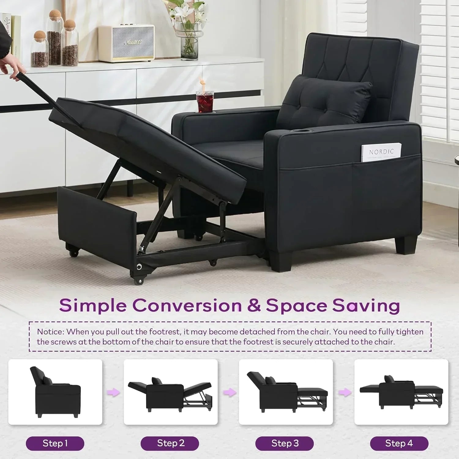 Adult Convertible Sleeper Chair Bed 3-in-1 Pull-Out Sofa Bed with USB/Type-C Ports Cup Holders wourant