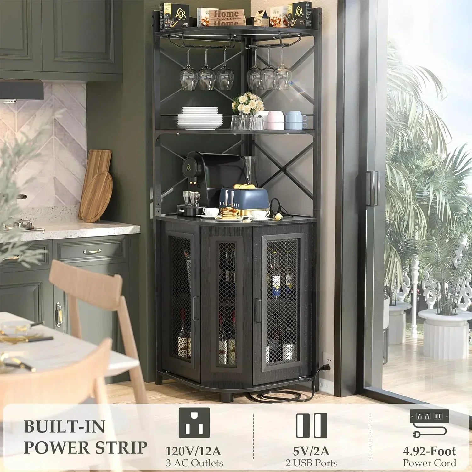 Corner bar cabinet with power socket industrial style wine cabinet light strip and glass rack wourant