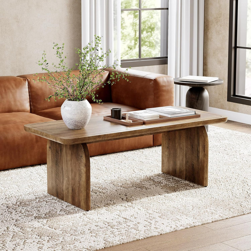 LITTLE TREE Farmhouse Coffee Table 47 Inch Round Corner Wood Center Table Rectangular wourant