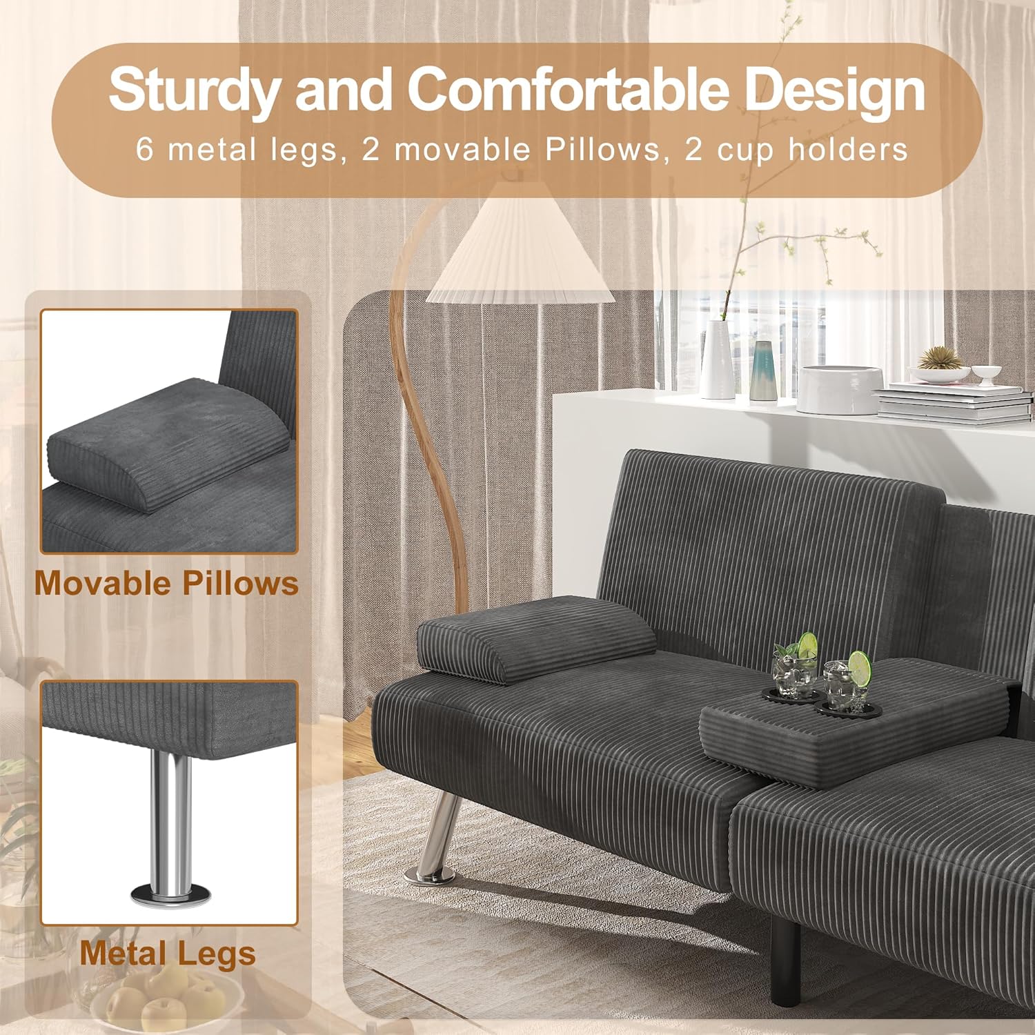 Shahoo Modern Linen Upholstered Convertible Folding Futon Sofa Bed with Removable Armrests wourant