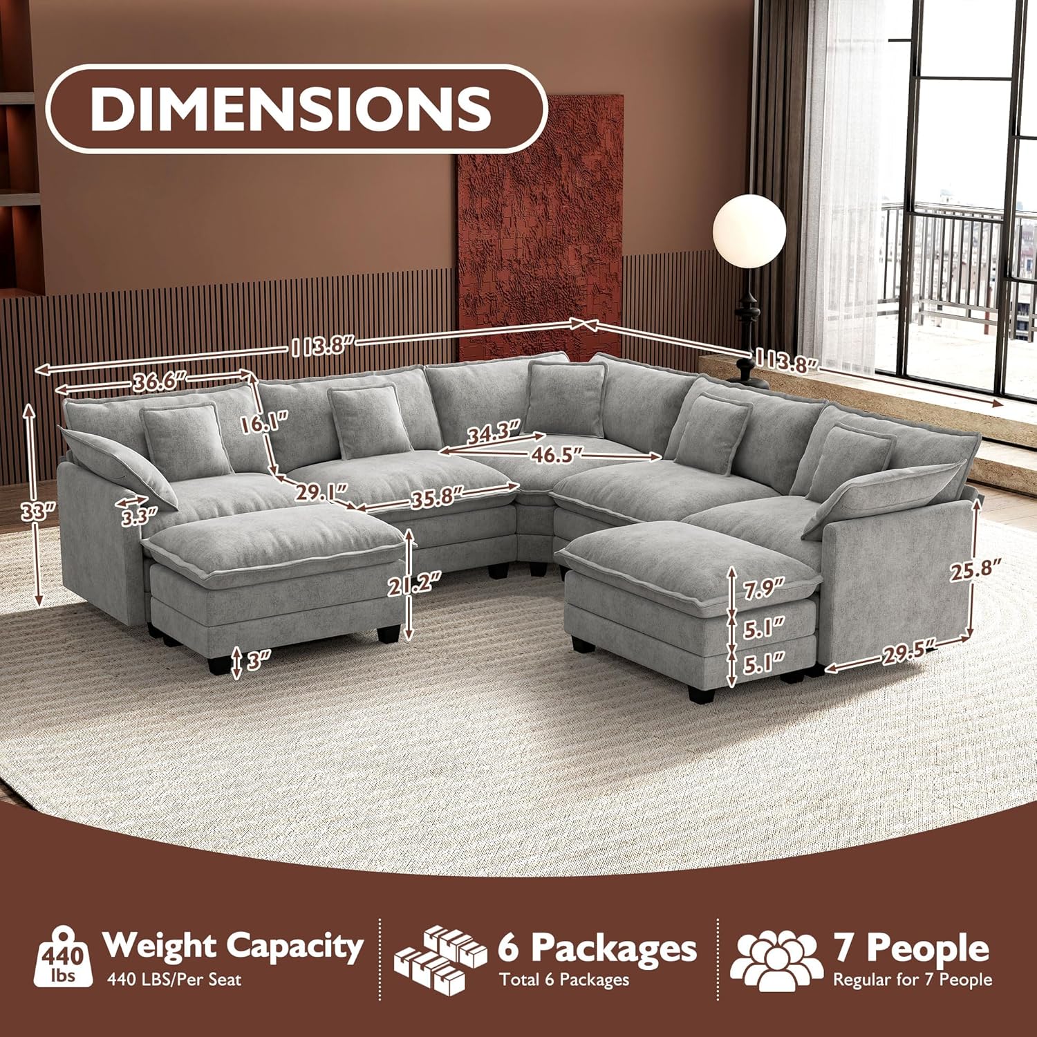 ihanherry 146-inch U-shaped modern sofa modular area cloud sofa wourant