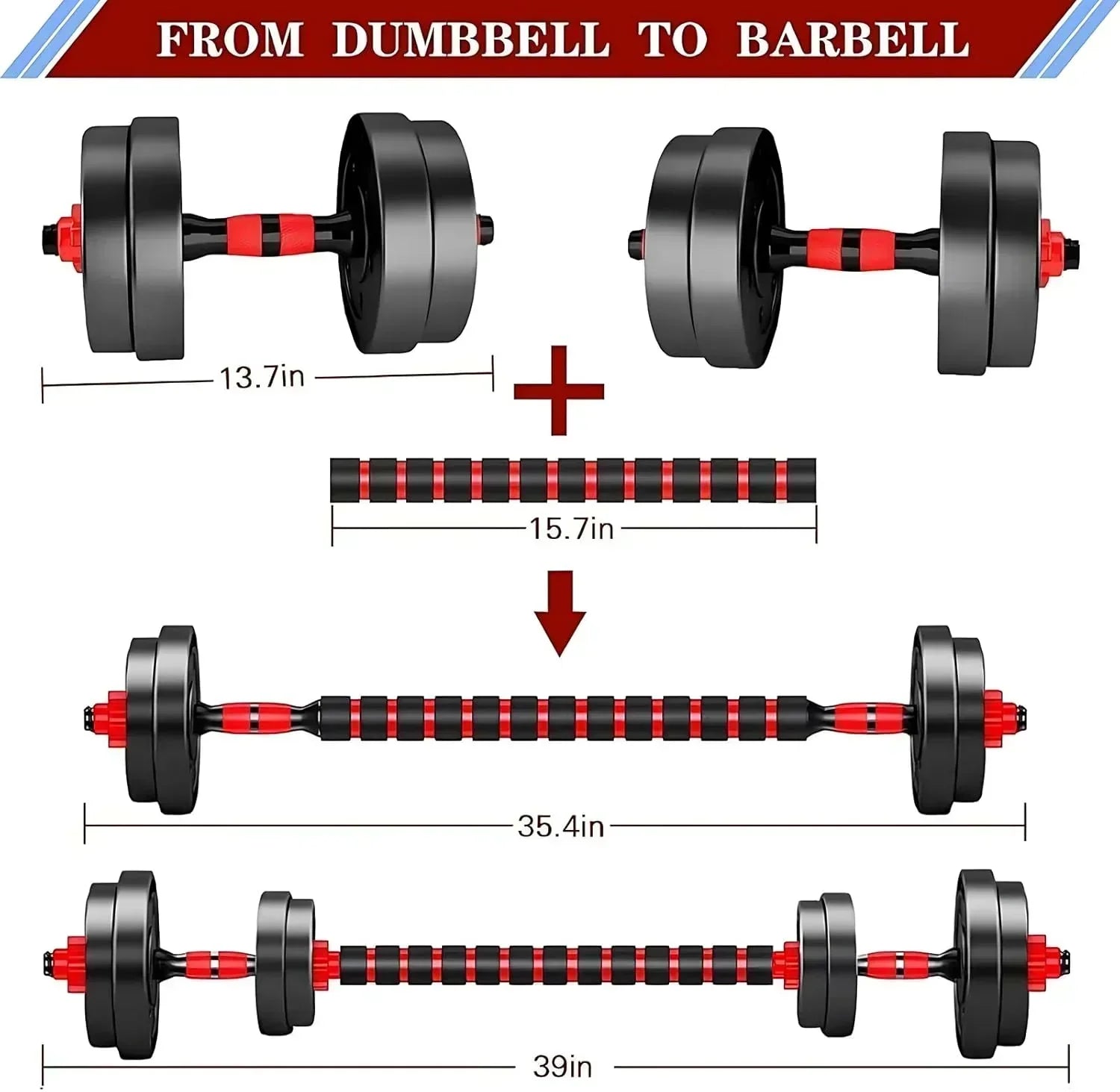 Adjustable dumbbell set, free weight dumbbell pair convertible into barbell wourant