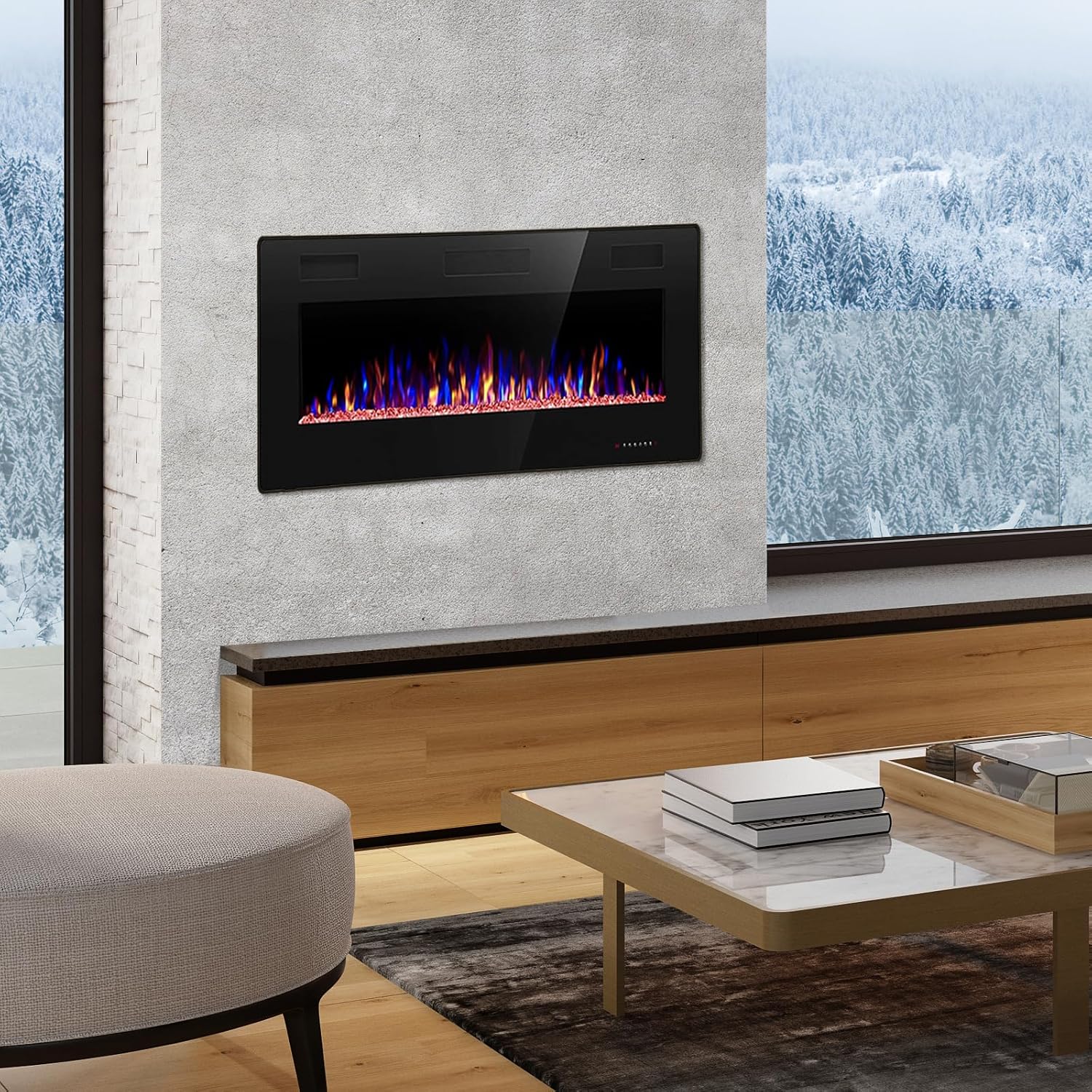 R.W.FLAME 60" Recessed and Wall Mounted Electric Fireplace Low Noise Fit for 2 x 6 Stud wourant