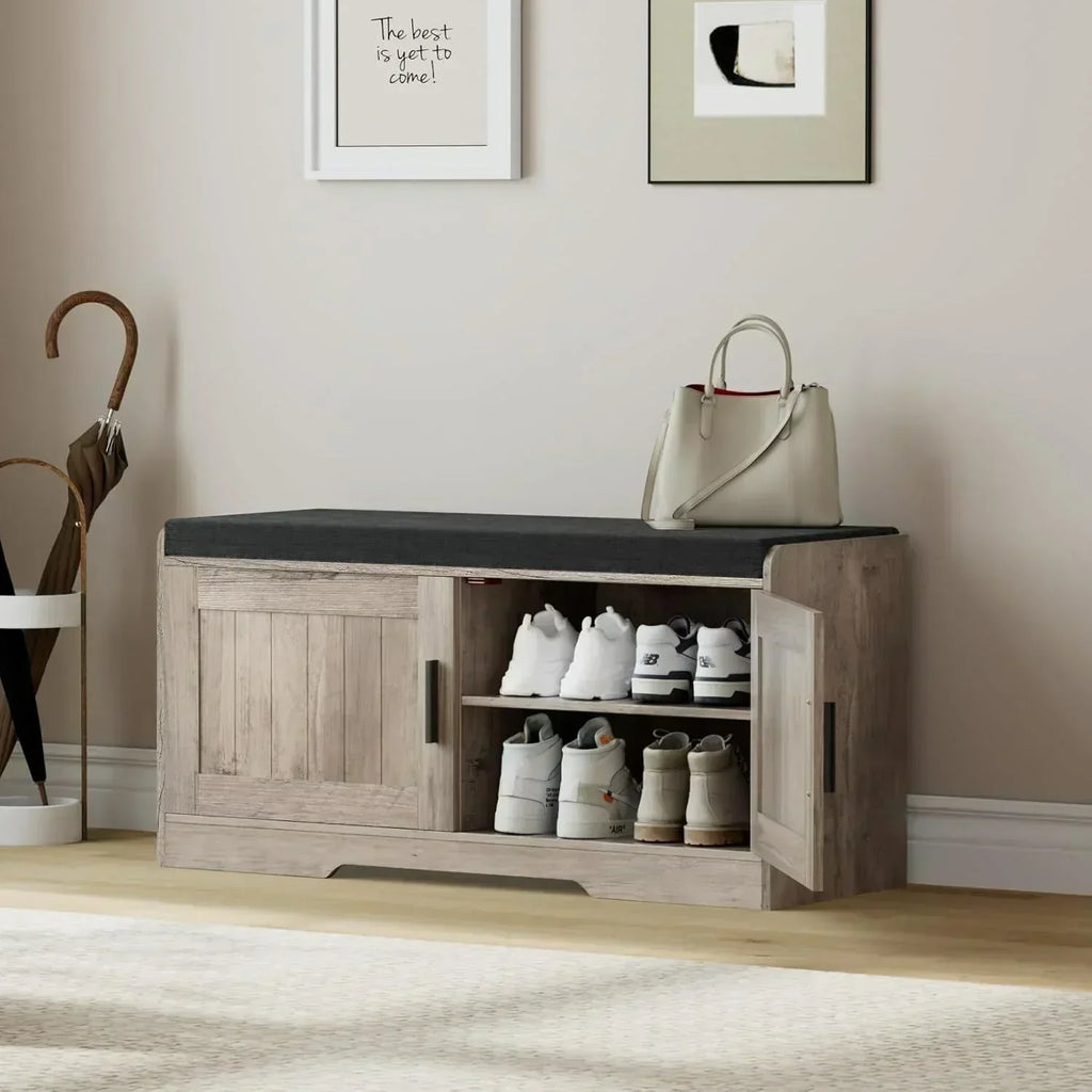 2-Tier Storage Bench Shoe Bench with Thickened Padded Seat Cushion Entryway Bench wourant