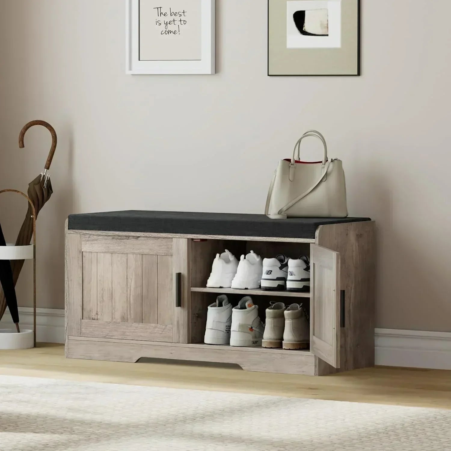 2-Tier Storage Bench Shoe Bench with Thickened Padded Seat Cushion Entryway Bench wourant