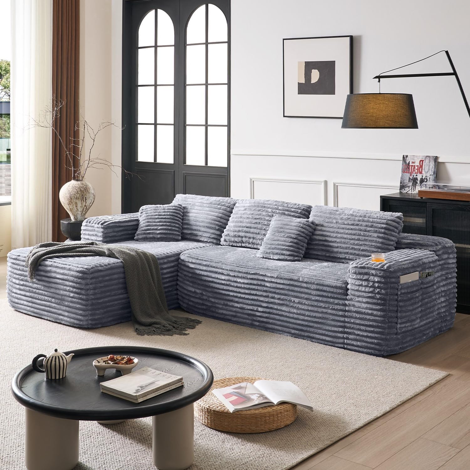 Cloud section sofa with L-shaped recliner modern modular sofa built-in cup holder wourant
