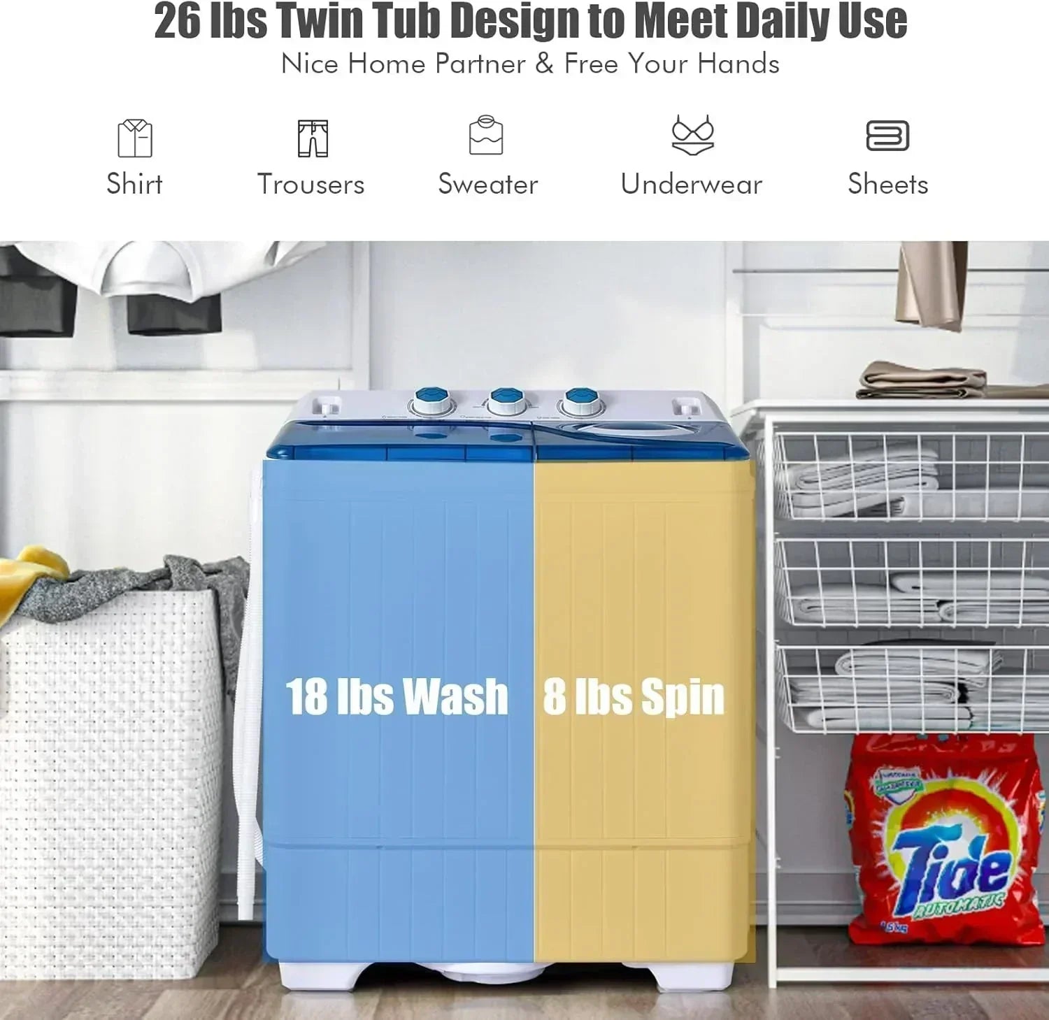 COSTWAY Double Tub 26 lb Capacity Laundry 18 lb 8 lb Spin Combo Drain Pump Washing Machine wourant