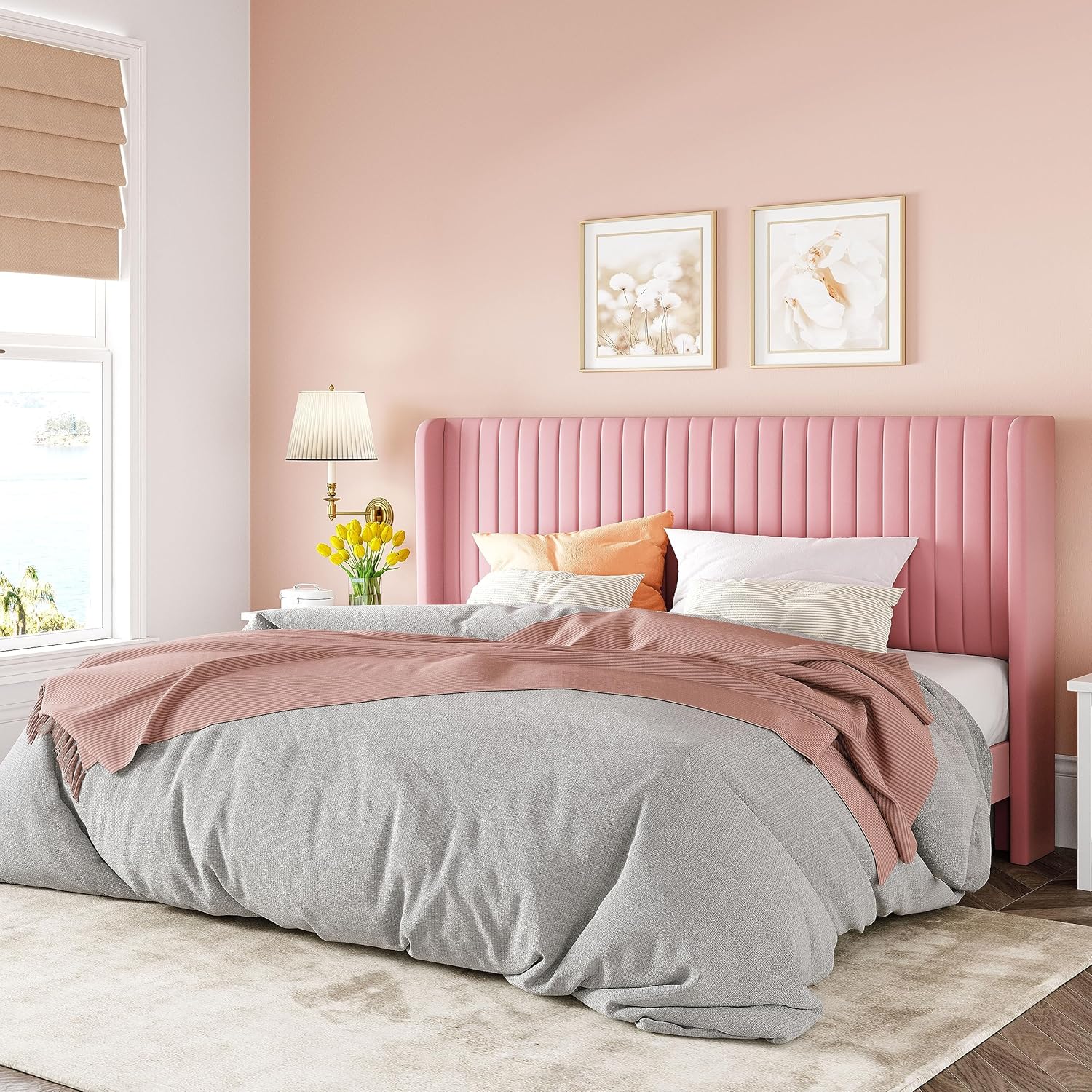Allewie Full Size Velvet Bed Frame Vertical Channel Tufted Wingback Headboard Upholstered Bed wourant