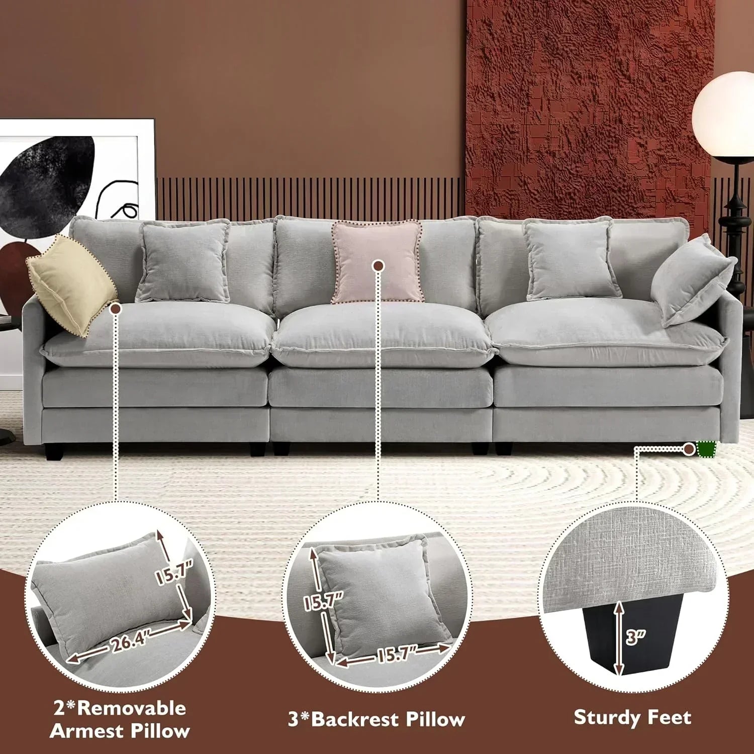 111.4 Inch L Shaped Modern Sofa Modular Cloud Sofa with Ottoman 4 Seater Chenille Deep Seat Sofa wourant