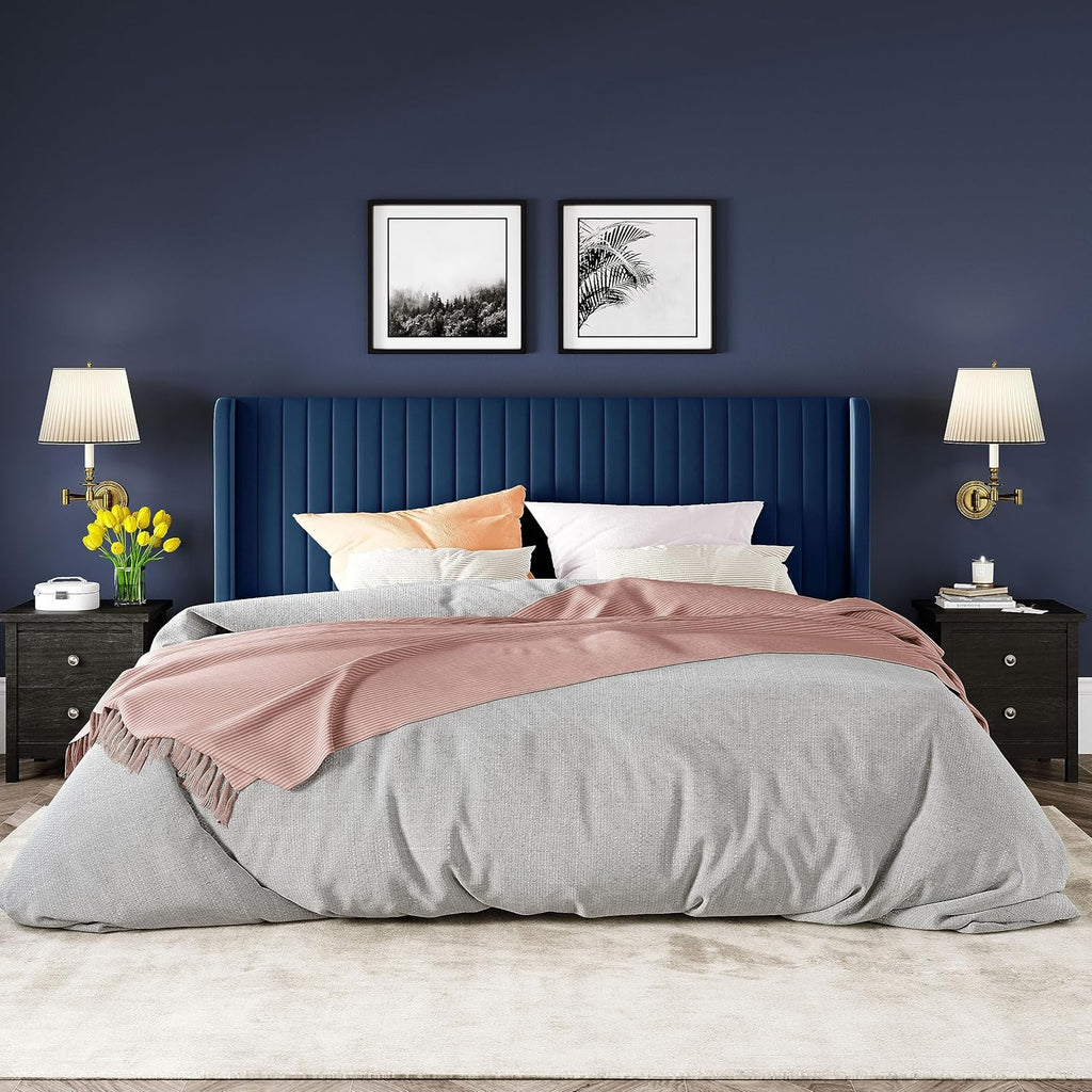 Allewie Full Size Velvet Bed Frame Vertical Channel Tufted Wingback Headboard Upholstered Bed wourant