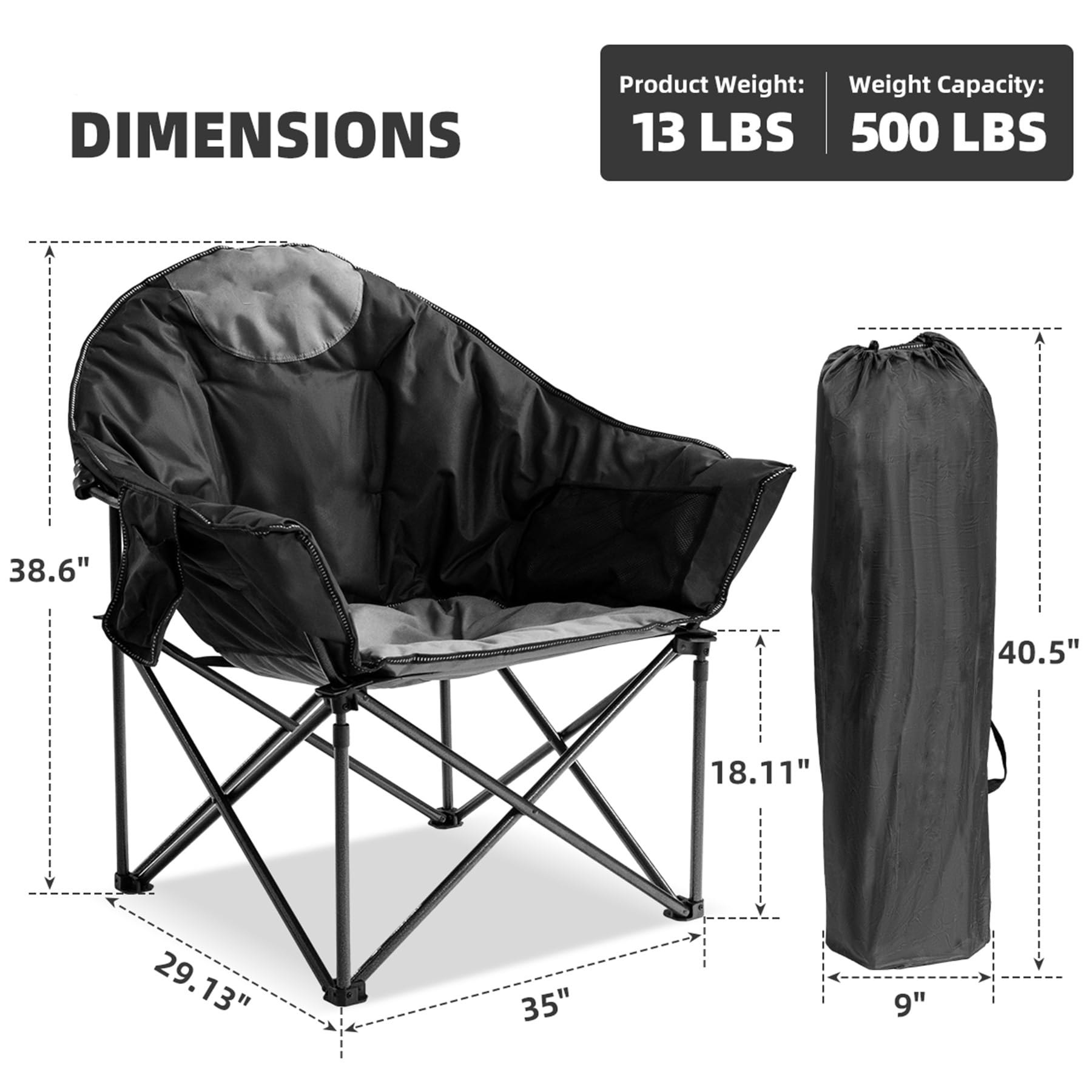 Oversized Heavy Duty Moon Saucer Camping Chair 500 lbs with Cup Holder Storage Pocket Carry Bag jumpsub