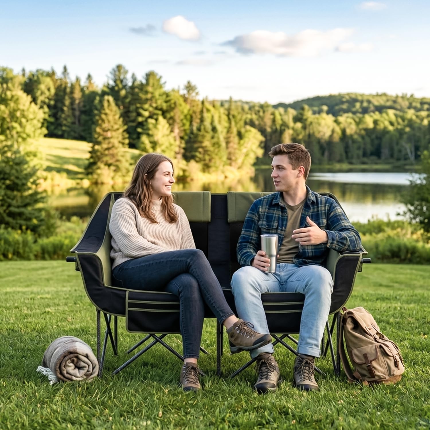 Oversized Heavy Duty Folding Camping Chair for Two Adults Loveseat with Cup Holders and Carry Bag 660 lbs jumpsub
