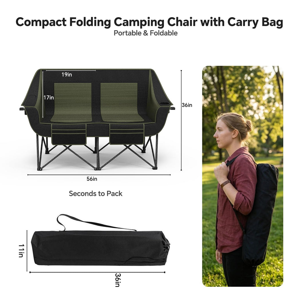 Oversized Heavy Duty Folding Camping Chair for Two Adults Loveseat with Cup Holders and Carry Bag 660 lbs jumpsub