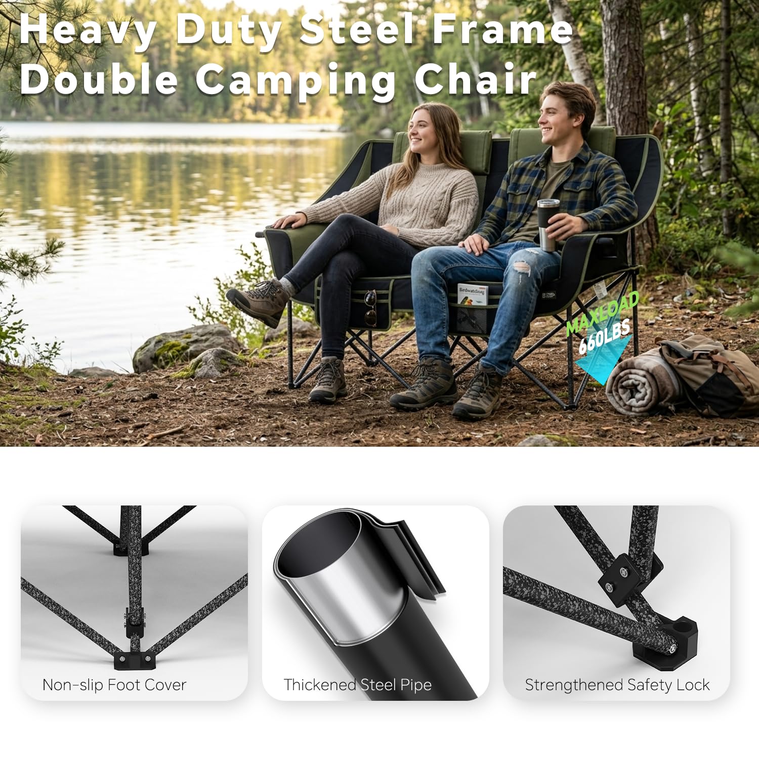 Oversized Heavy Duty Folding Camping Chair for Two Adults Loveseat with Cup Holders and Carry Bag 660 lbs jumpsub