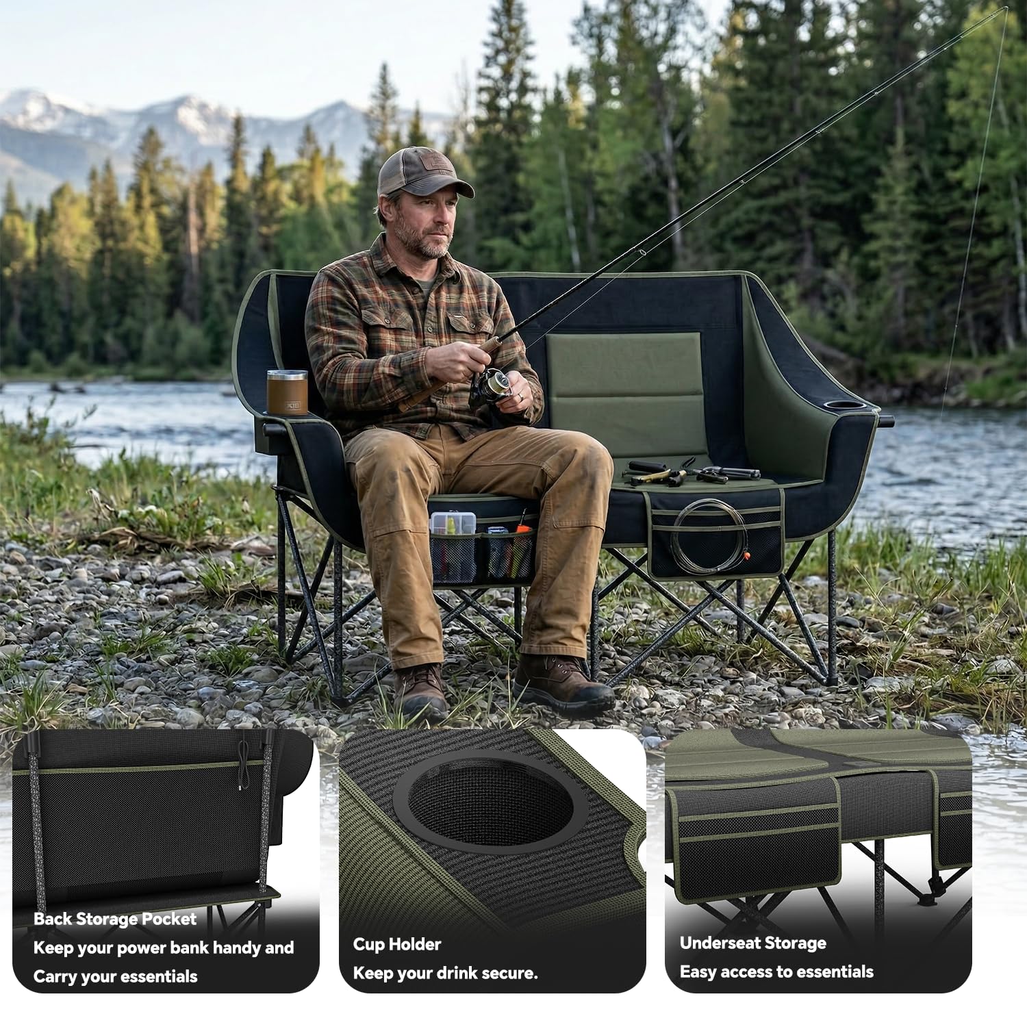 Oversized Heavy Duty Folding Camping Chair for Two Adults Loveseat with Cup Holders and Carry Bag 660 lbs jumpsub