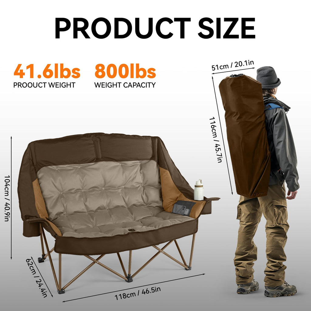 High Back Double Camping Chair Low Seat Folding Loveseat with Cup Holders and Carry Bag 800 lbs jumpsub