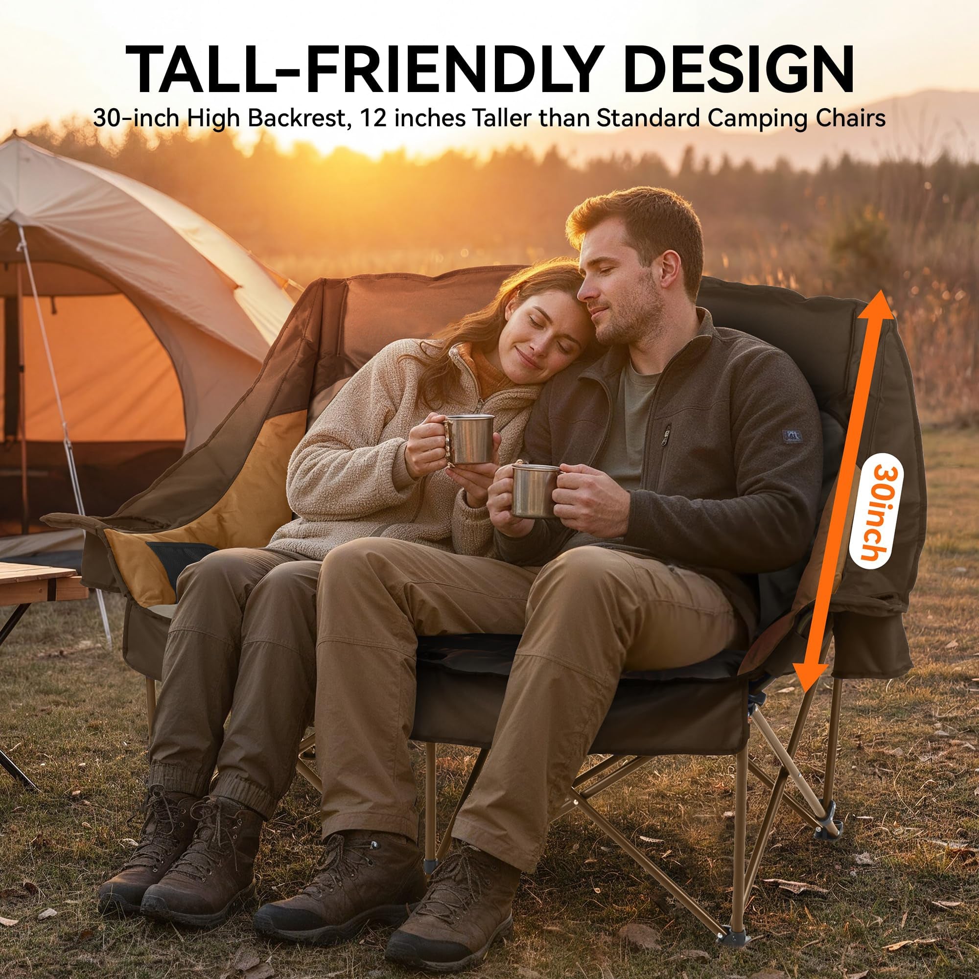 High Back Double Camping Chair Low Seat Folding Loveseat with Cup Holders and Carry Bag 800 lbs jumpsub