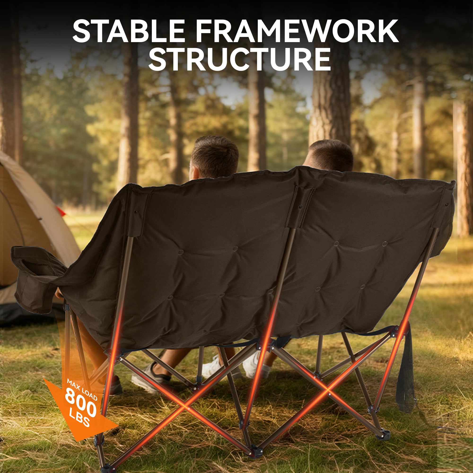 High Back Double Camping Chair Low Seat Folding Loveseat with Cup Holders and Carry Bag 800 lbs jumpsub