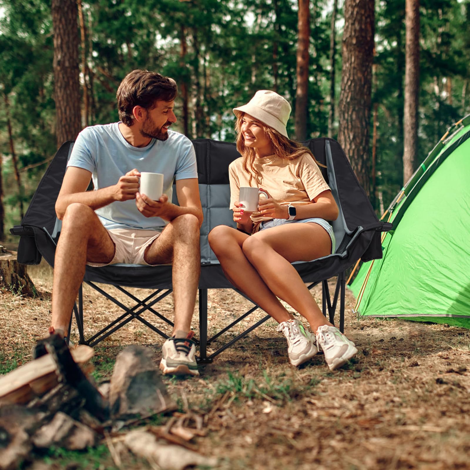 Oversized Double Camping Chair for Two Adults Folding Padded Loveseat with Cup Holders 660 lbs jumpsub