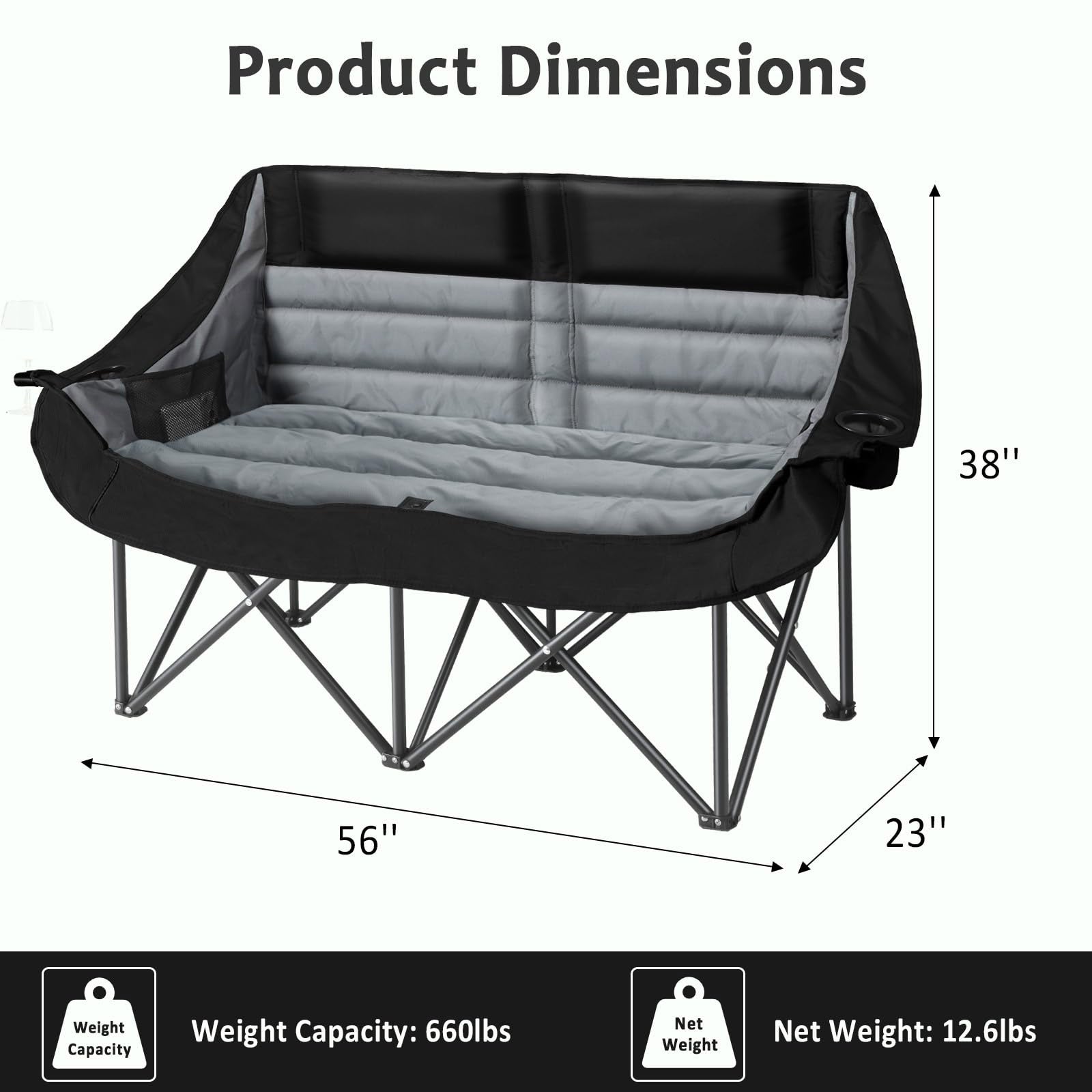 Oversized Double Camping Chair for Two Adults Folding Padded Loveseat with Cup Holders 660 lbs jumpsub
