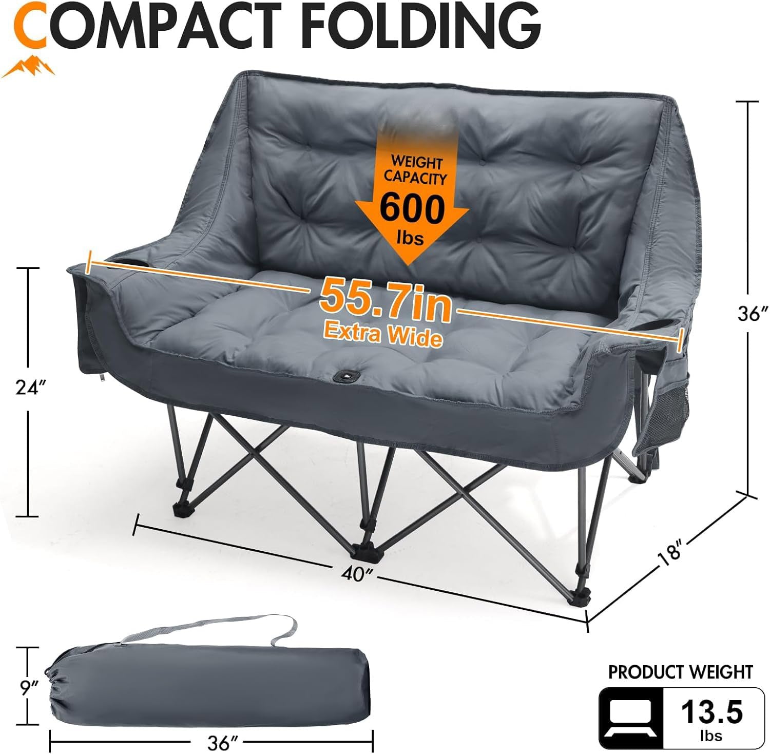 Double Camping Chair for Two Adults Folding Padded Loveseat with Cup Holders and Carry Bag 600 lbs jumpsub