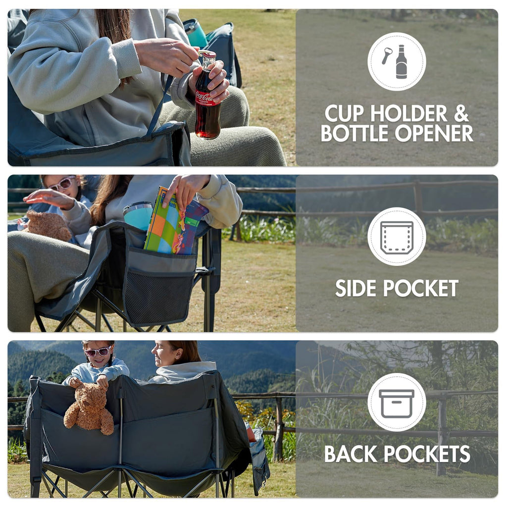 Double Camping Chair for Two Adults Folding Padded Loveseat with Cup Holders and Carry Bag 600 lbs jumpsub