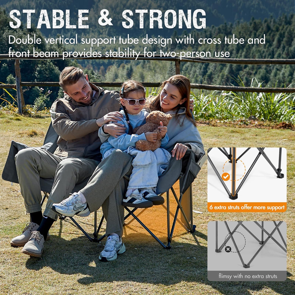 Double Camping Chair for Two Adults Folding Padded Loveseat with Cup Holders and Carry Bag 600 lbs jumpsub
