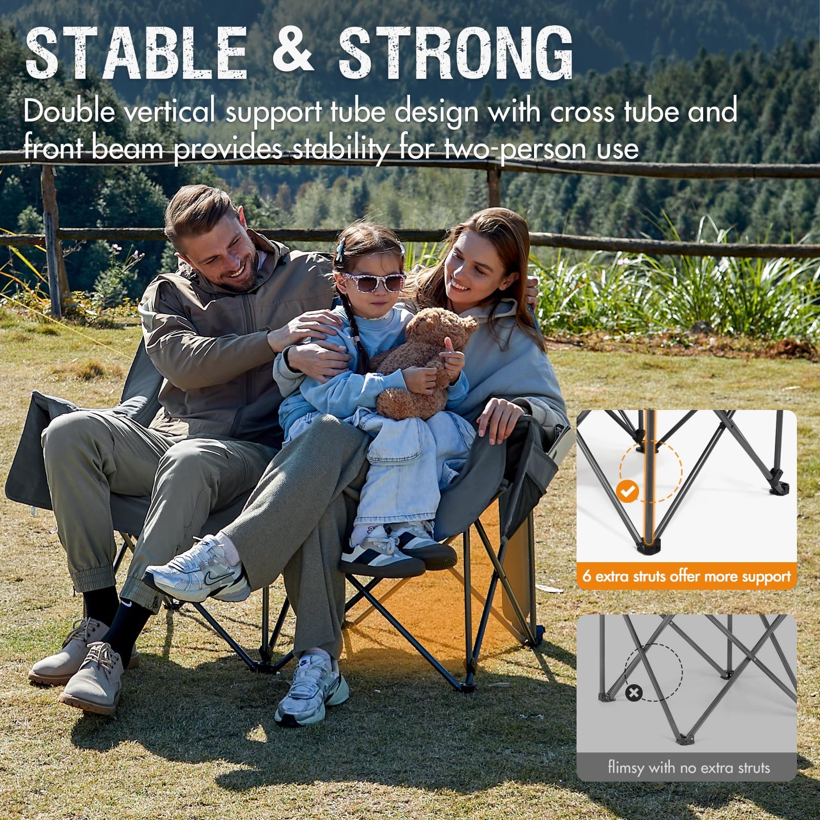 Double Camping Chair for Two Adults Folding Padded Loveseat with Cup Holders and Carry Bag 600 lbs jumpsub
