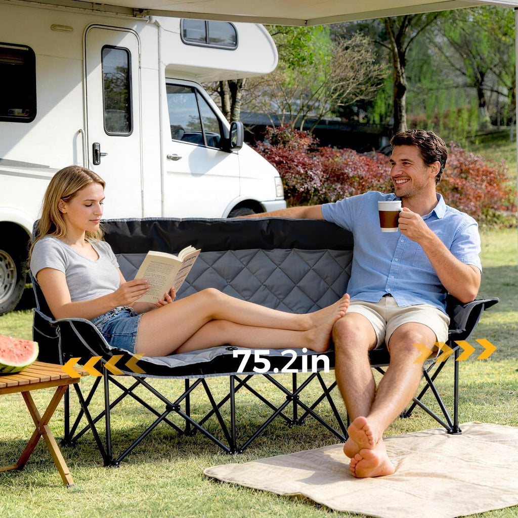 Oversized 3 Person Camping Chair Folding Padded Loveseat with Cup Holders and Carry Bag jumpsub