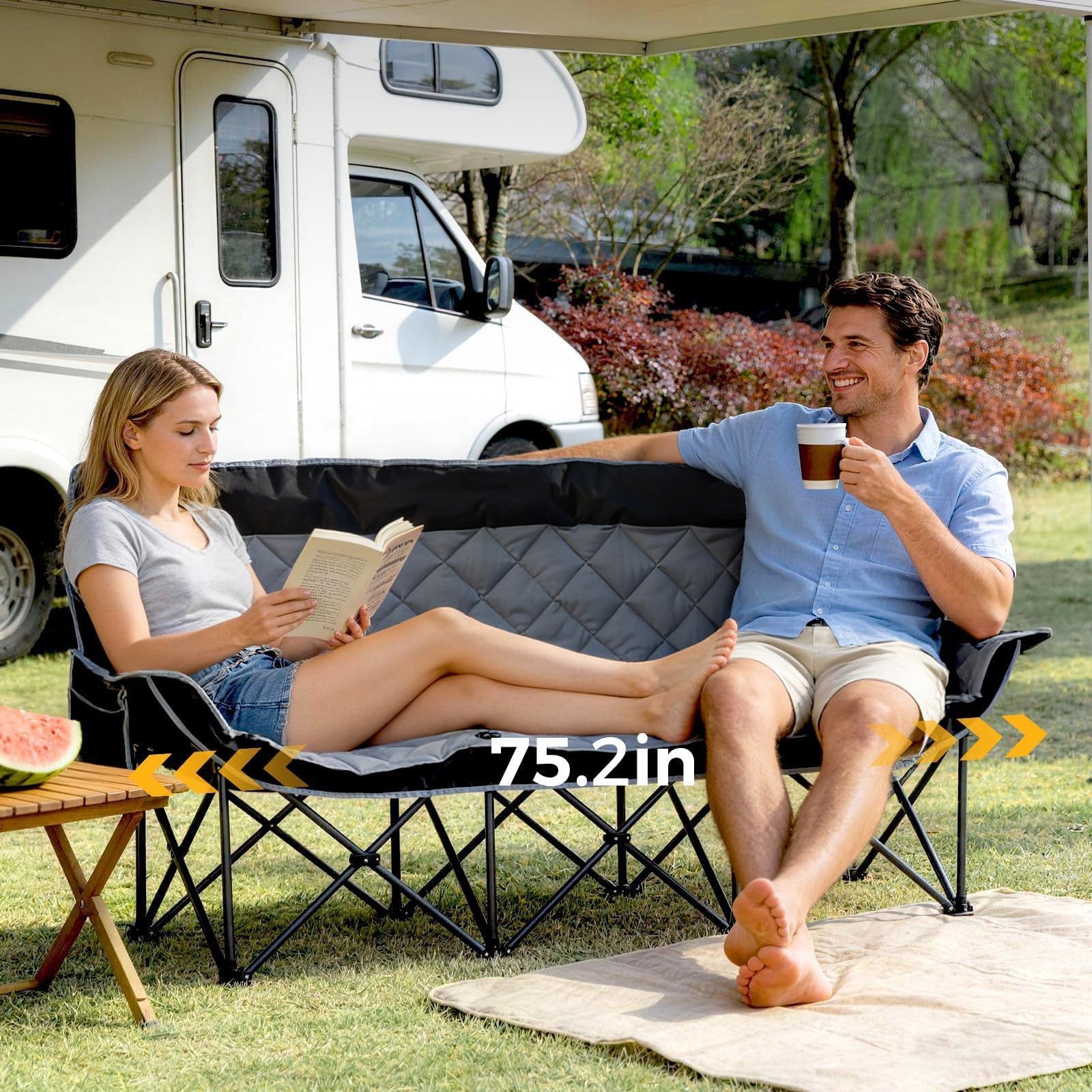 Oversized 3 Person Camping Chair Folding Padded Loveseat with Cup Holders and Carry Bag jumpsub