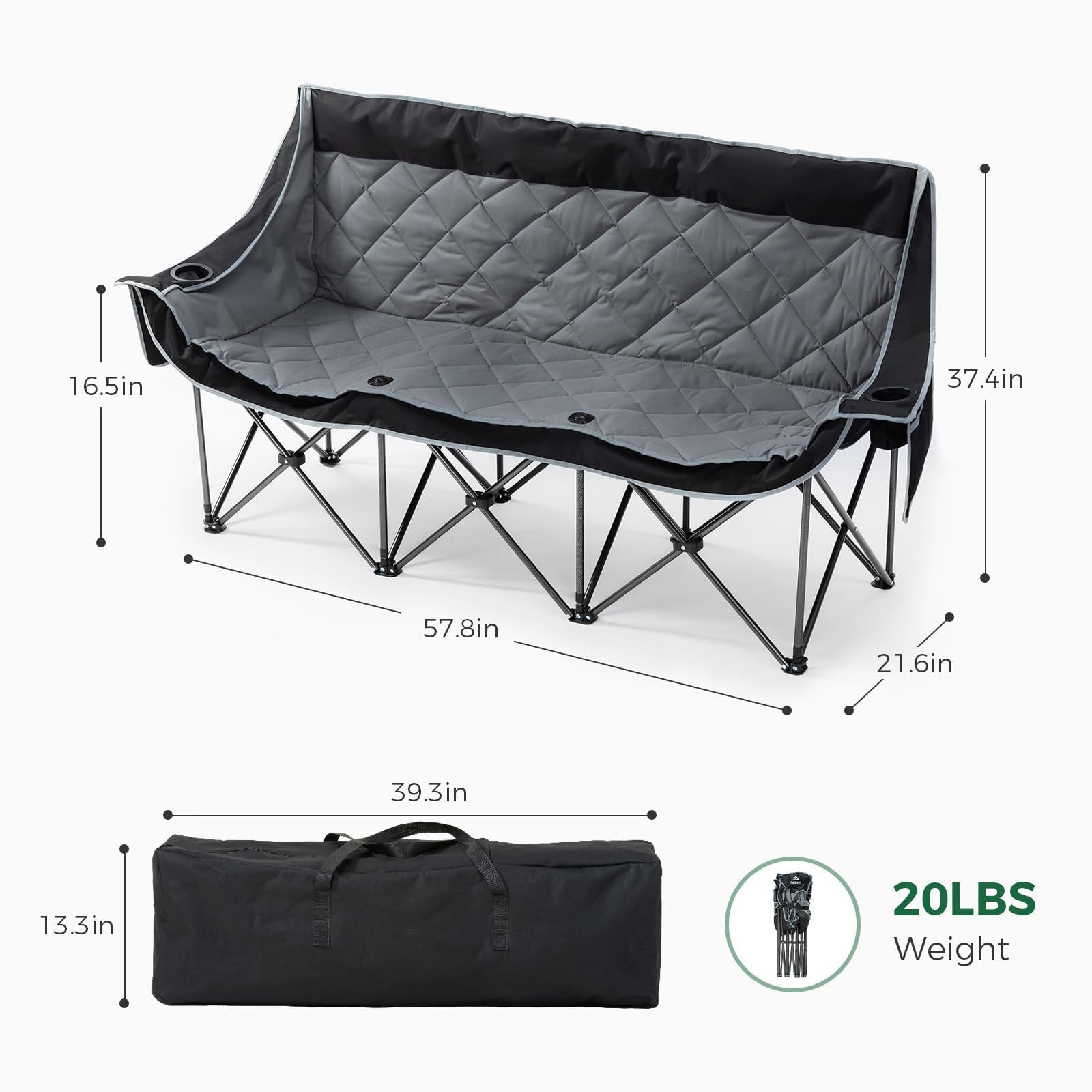 Oversized 3 Person Camping Chair Folding Padded Loveseat with Cup Holders and Carry Bag jumpsub