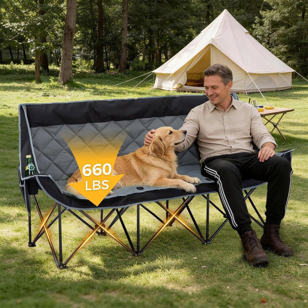 Oversized 3 Person Camping Chair Folding Padded Loveseat with Cup Holders and Carry Bag jumpsub