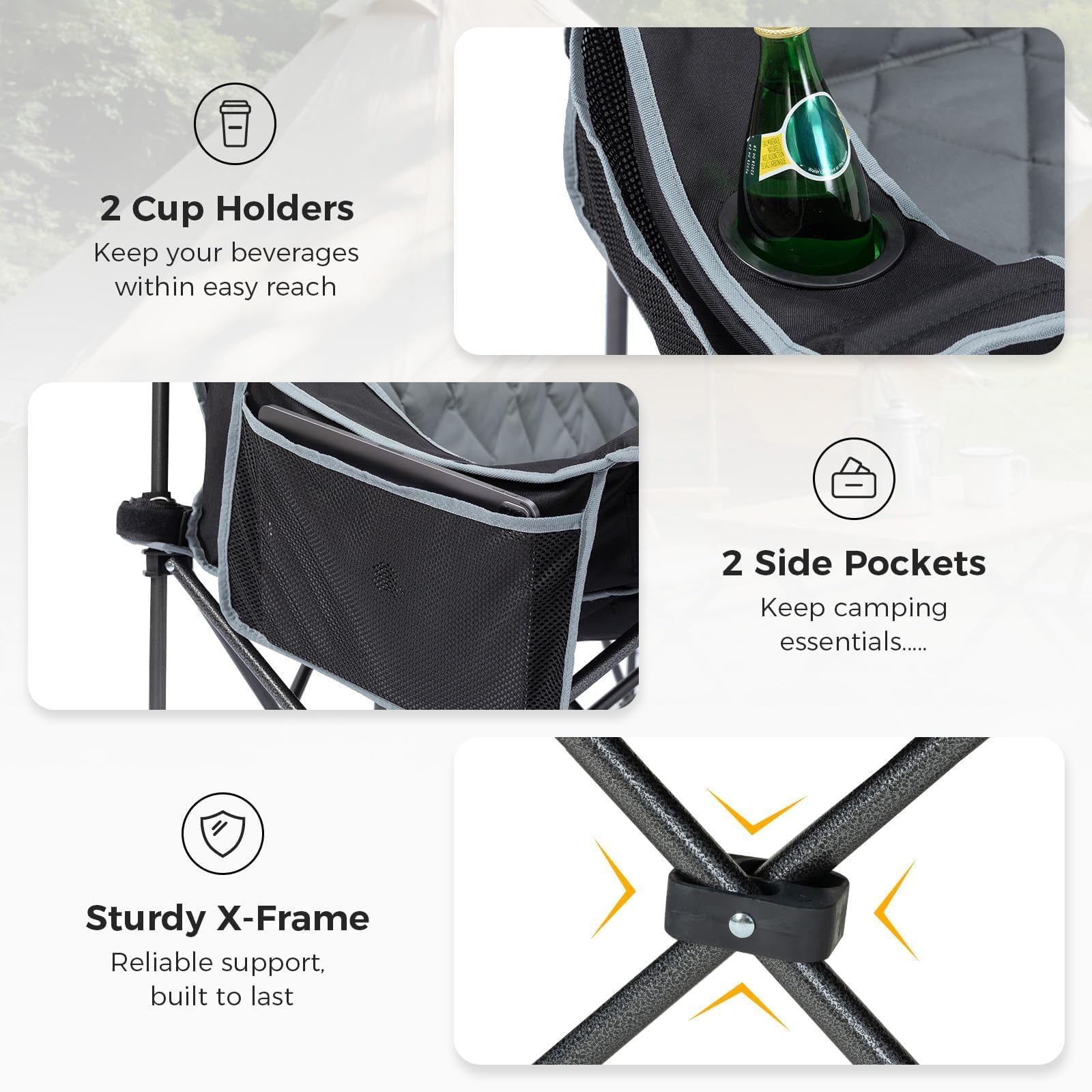 Oversized 3 Person Camping Chair Folding Padded Loveseat with Cup Holders and Carry Bag jumpsub
