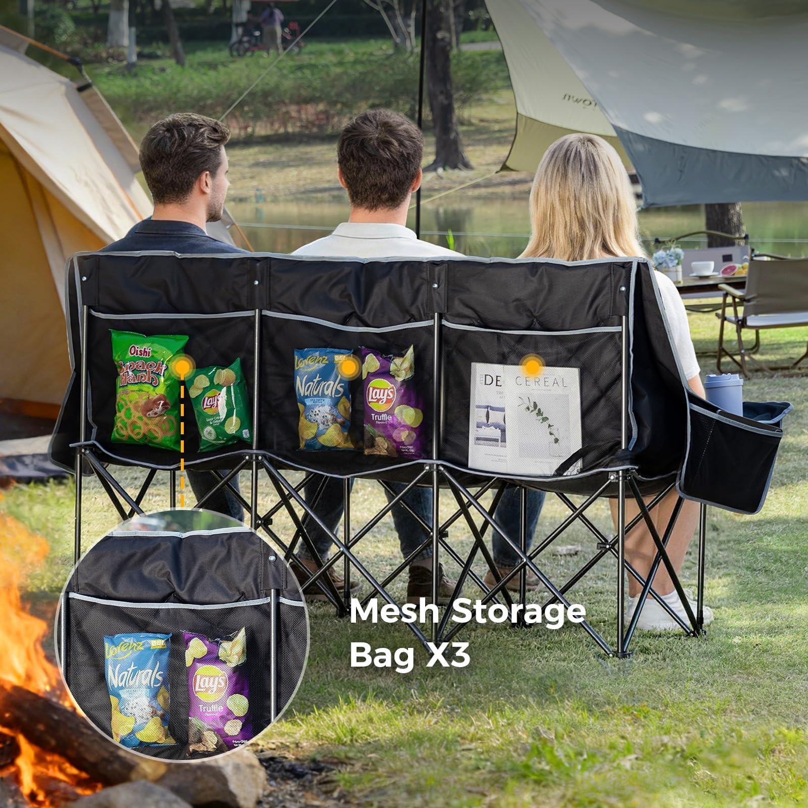 Oversized 3 Person Camping Chair Folding Padded Loveseat with Cup Holders and Carry Bag jumpsub