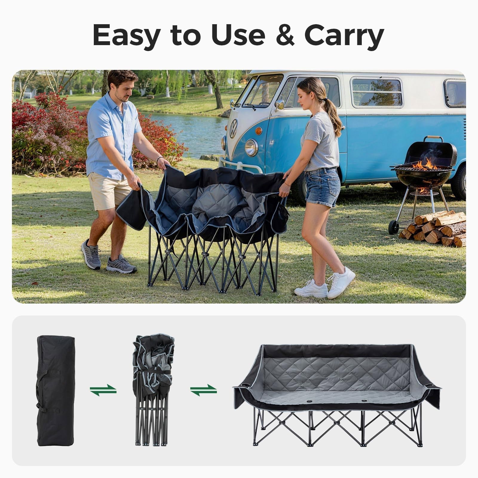 Oversized 3 Person Camping Chair Folding Padded Loveseat with Cup Holders and Carry Bag jumpsub