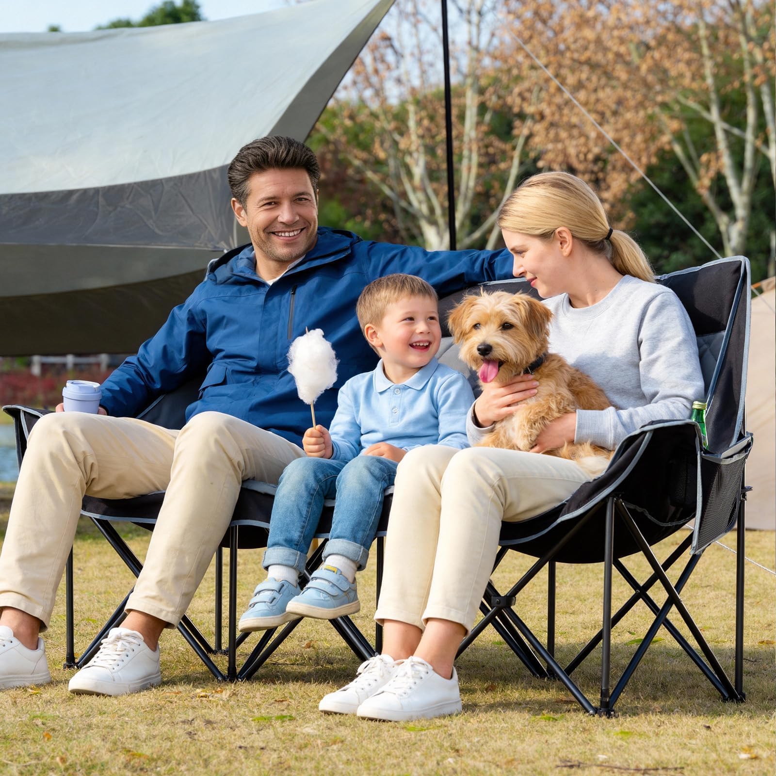 Oversized 3 Person Camping Chair Folding Padded Loveseat with Cup Holders and Carry Bag jumpsub