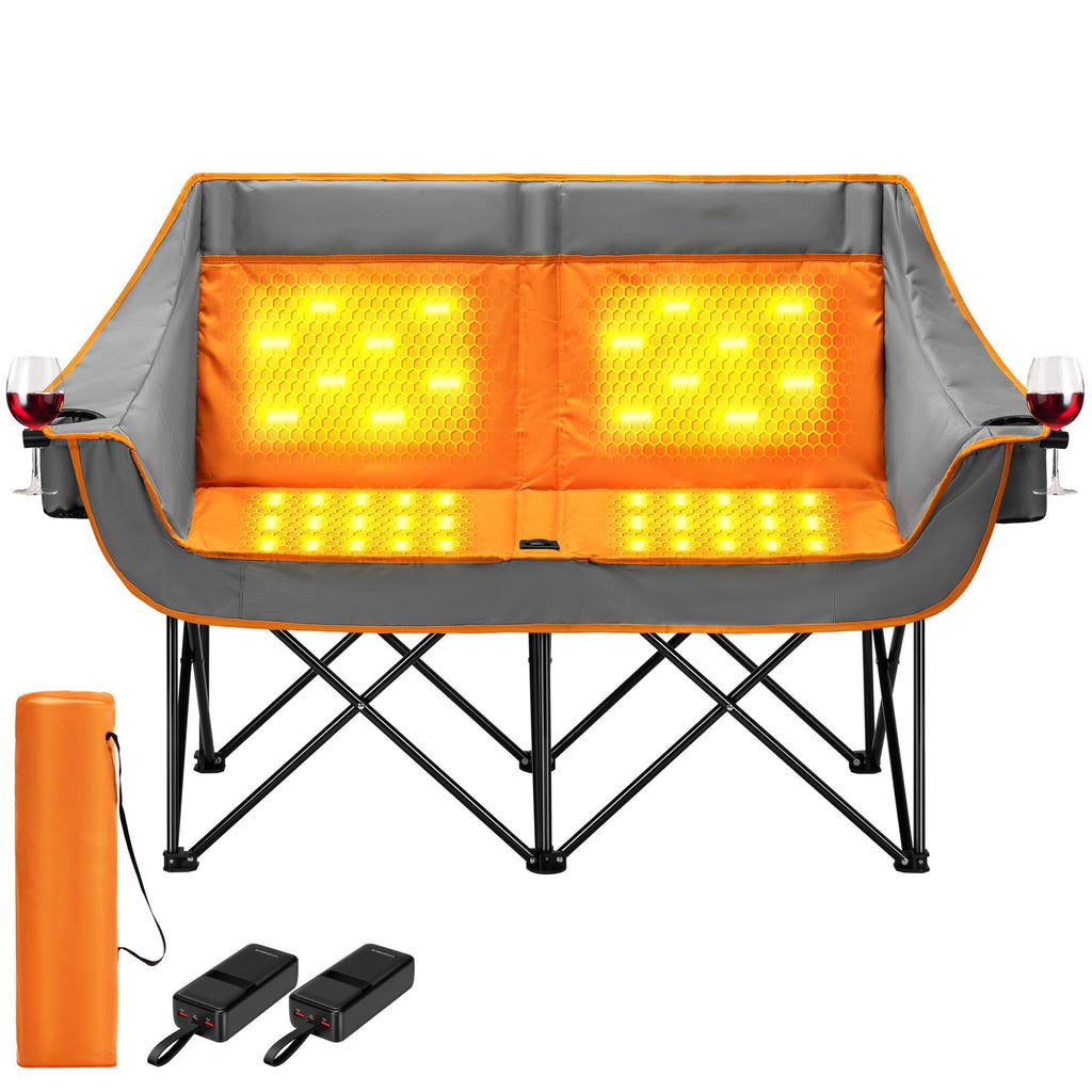 Heated Double Camping Chair Folding Padded Loveseat with Power Banks and Cup Holders jumpsub