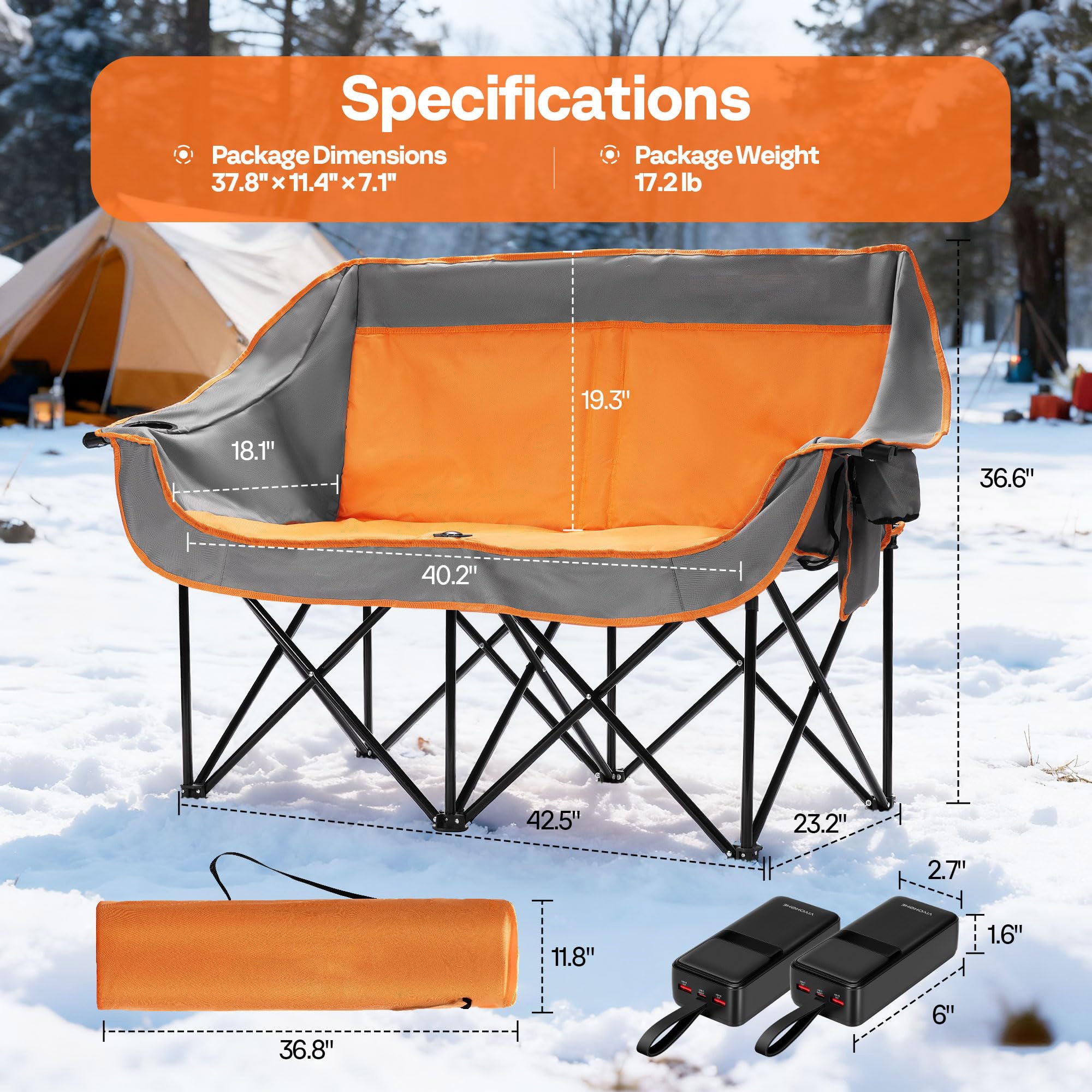 Heated Double Camping Chair Folding Padded Loveseat with Power Banks and Cup Holders jumpsub