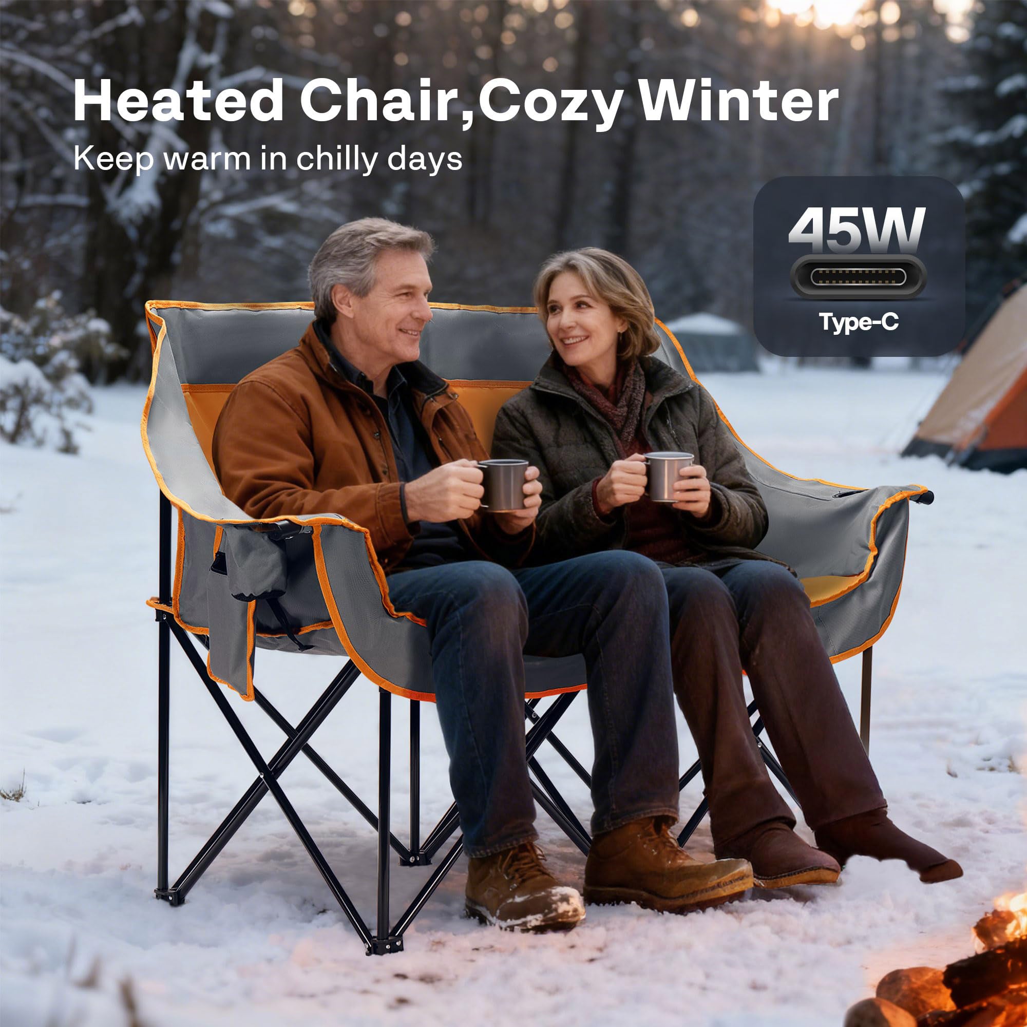 Heated Double Camping Chair Folding Padded Loveseat with Power Banks and Cup Holders jumpsub