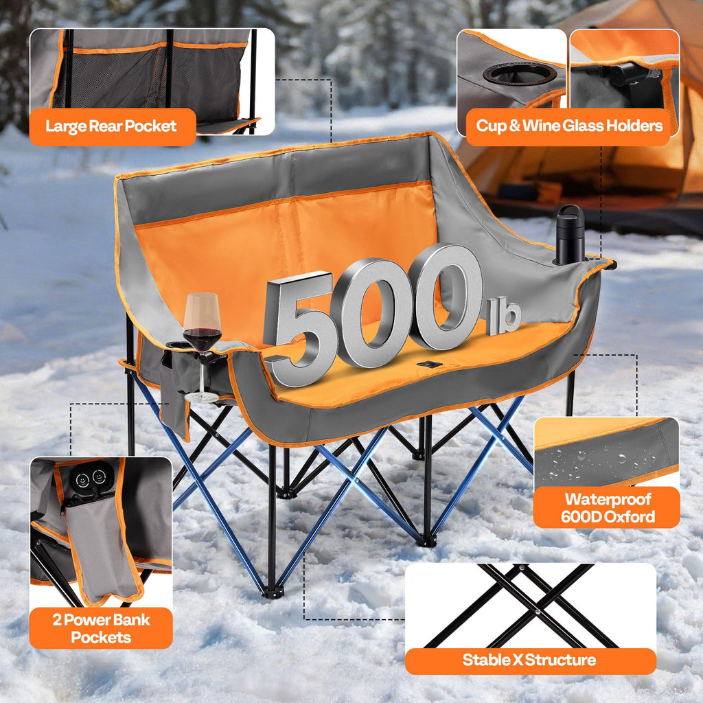 Heated Double Camping Chair Folding Padded Loveseat with Power Banks and Cup Holders jumpsub
