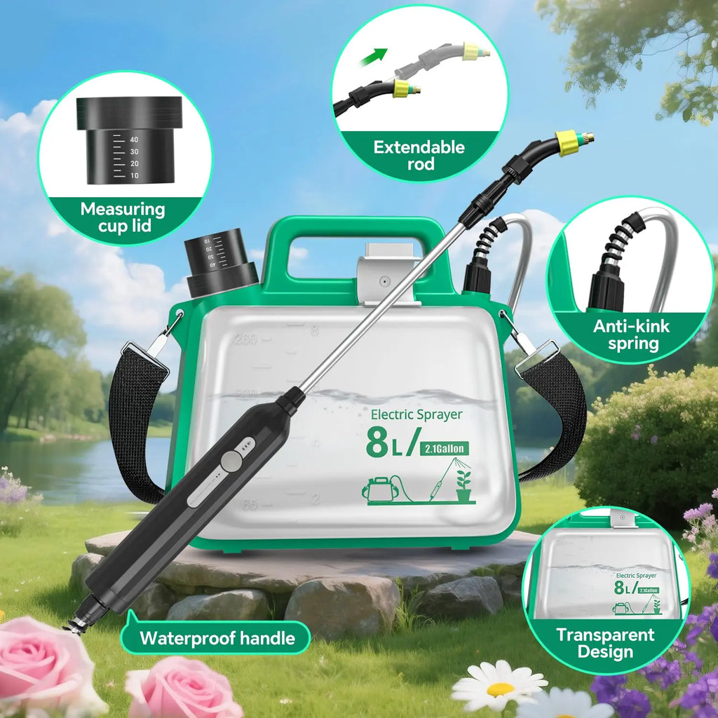 2 Gallon Electric Garden Sprayer Telescopic Wand 3 Nozzles USB Rechargeable 2500mAh Jumpsub