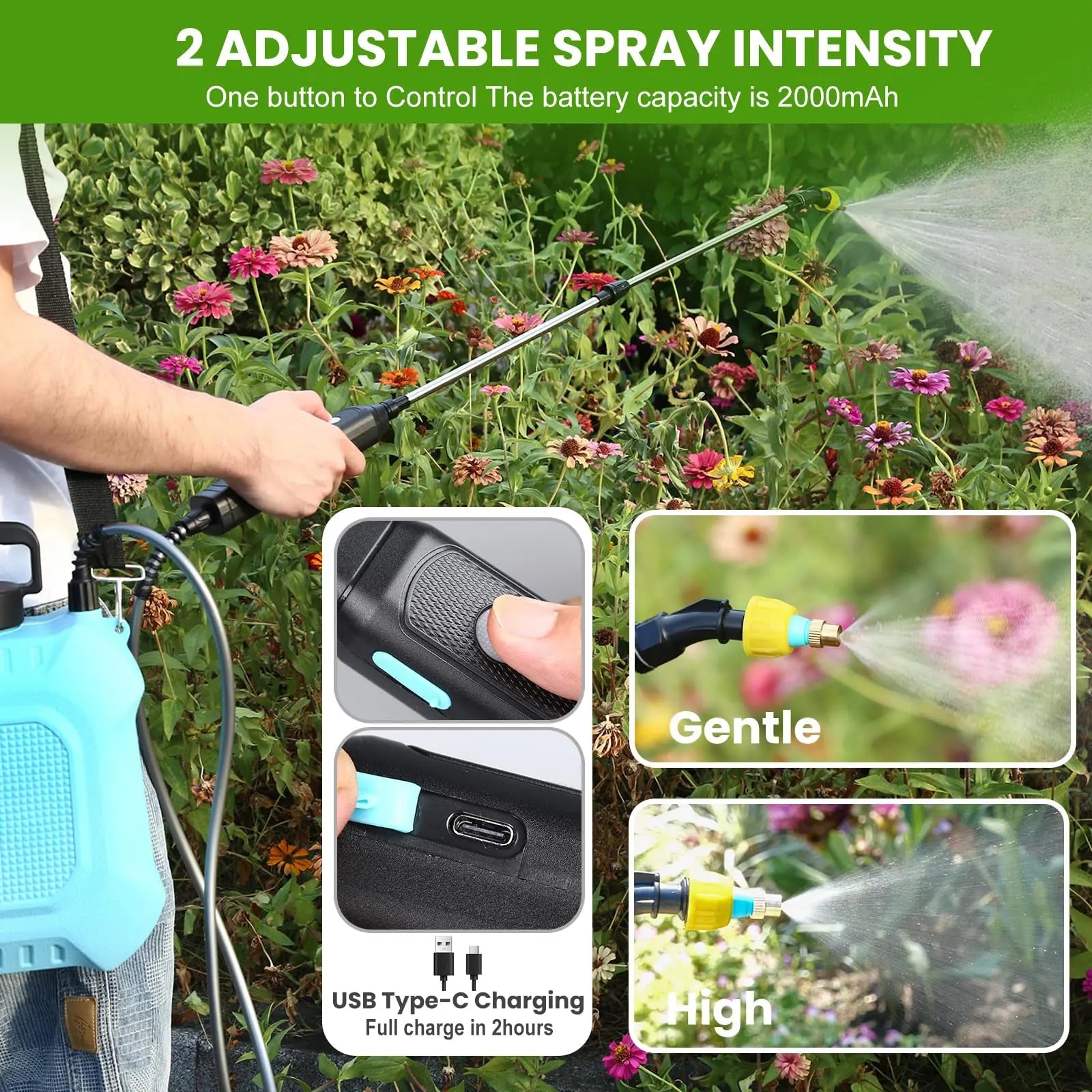 2 Gallon Electric Garden Sprayer Retractable Wand 4 Nozzles USB Rechargeable 2000mAh Jumpsub