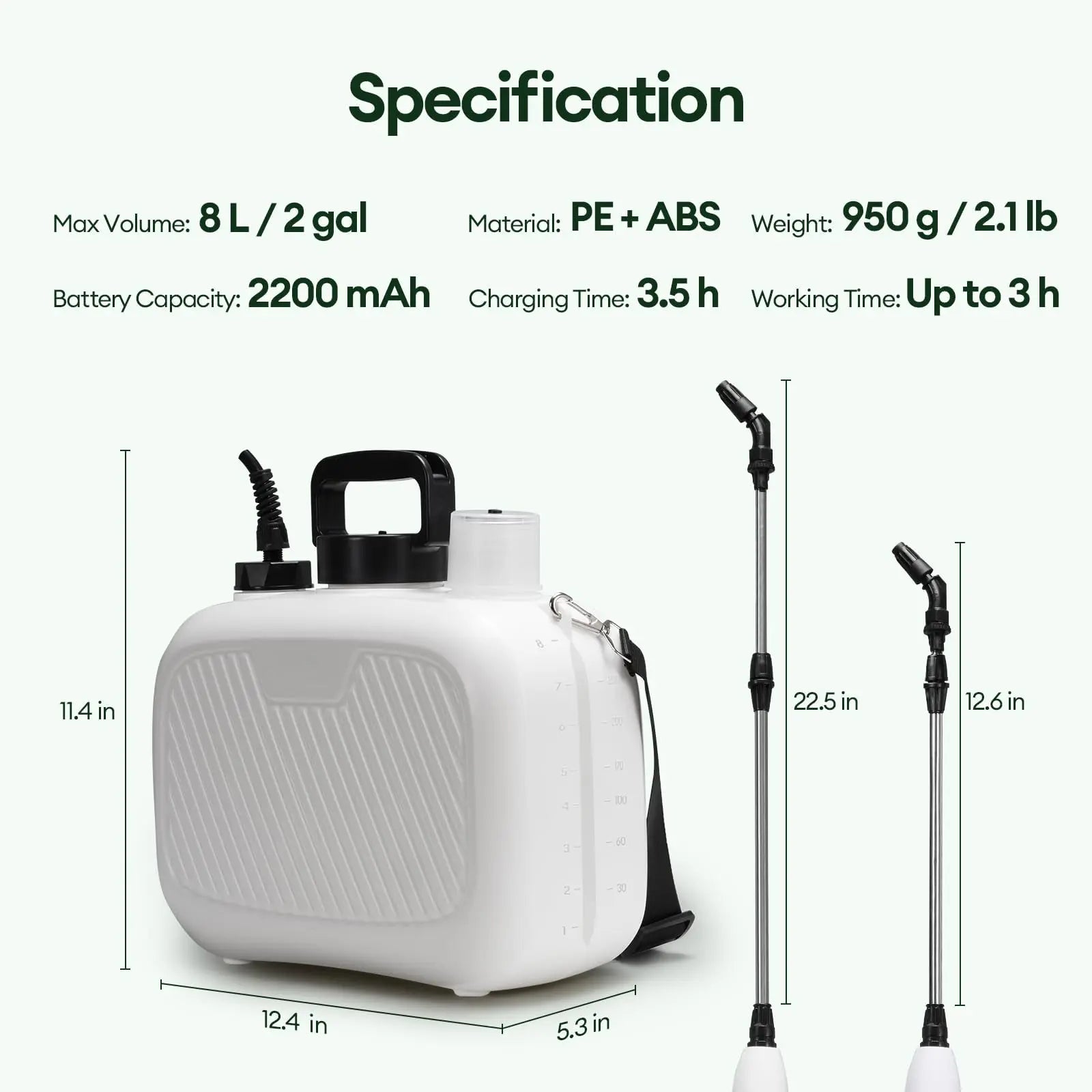 2 Gallon Electric Garden Sprayer Ergonomic Handle 3 Nozzles USB Rechargeable 2200mAh Jumpsub