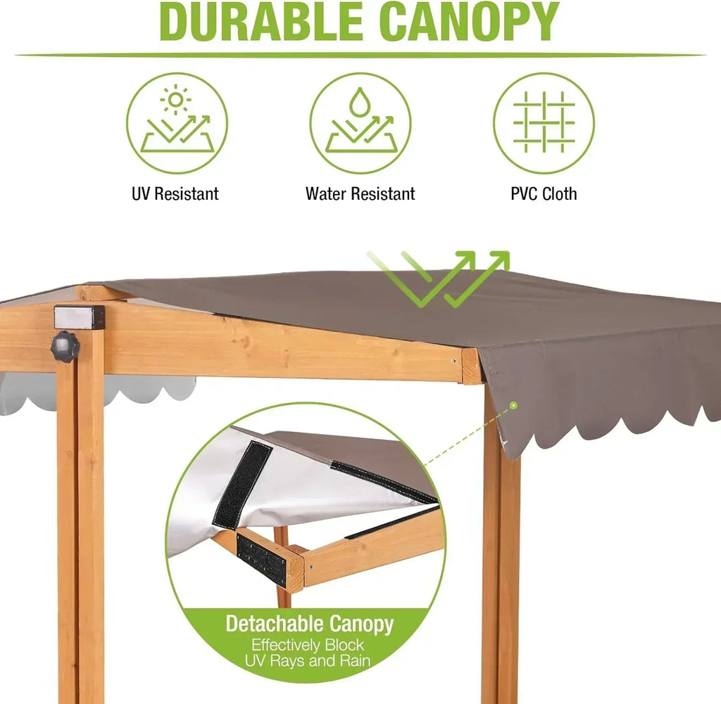 Kids Wooden Outdoor Sandbox Canopy 2 Foldable Bench Seats Retractable Roof Sand Protection Liner wourant