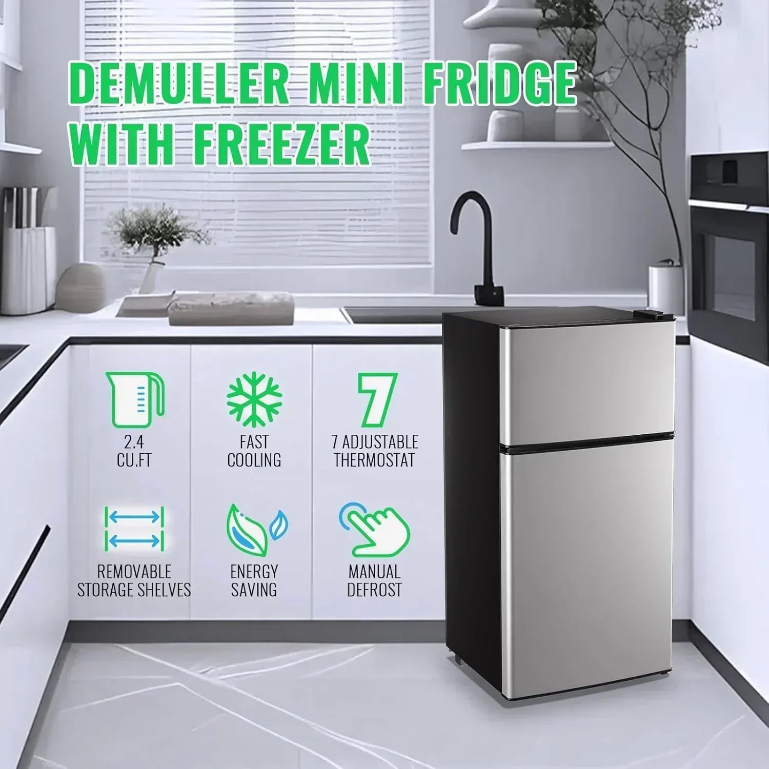2.4 Cu.Ft Mini Fridge with Freezer Double Door Small Tiny Size Refrigerator with 7 Control Knob wourant
