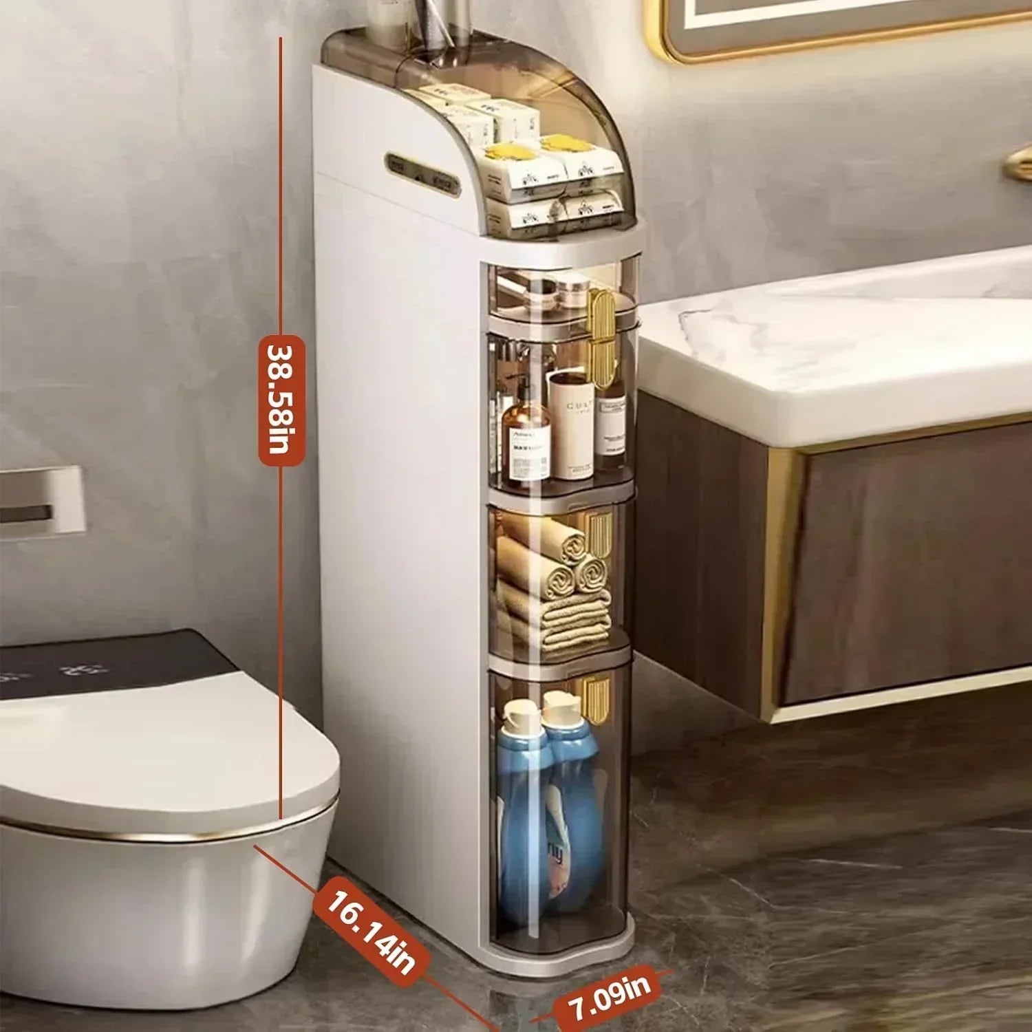 4-Tiers Narrow Bathroom Storage Cabinet 7.1 Slim Bathroom Floor Organizer with Drawers wourant