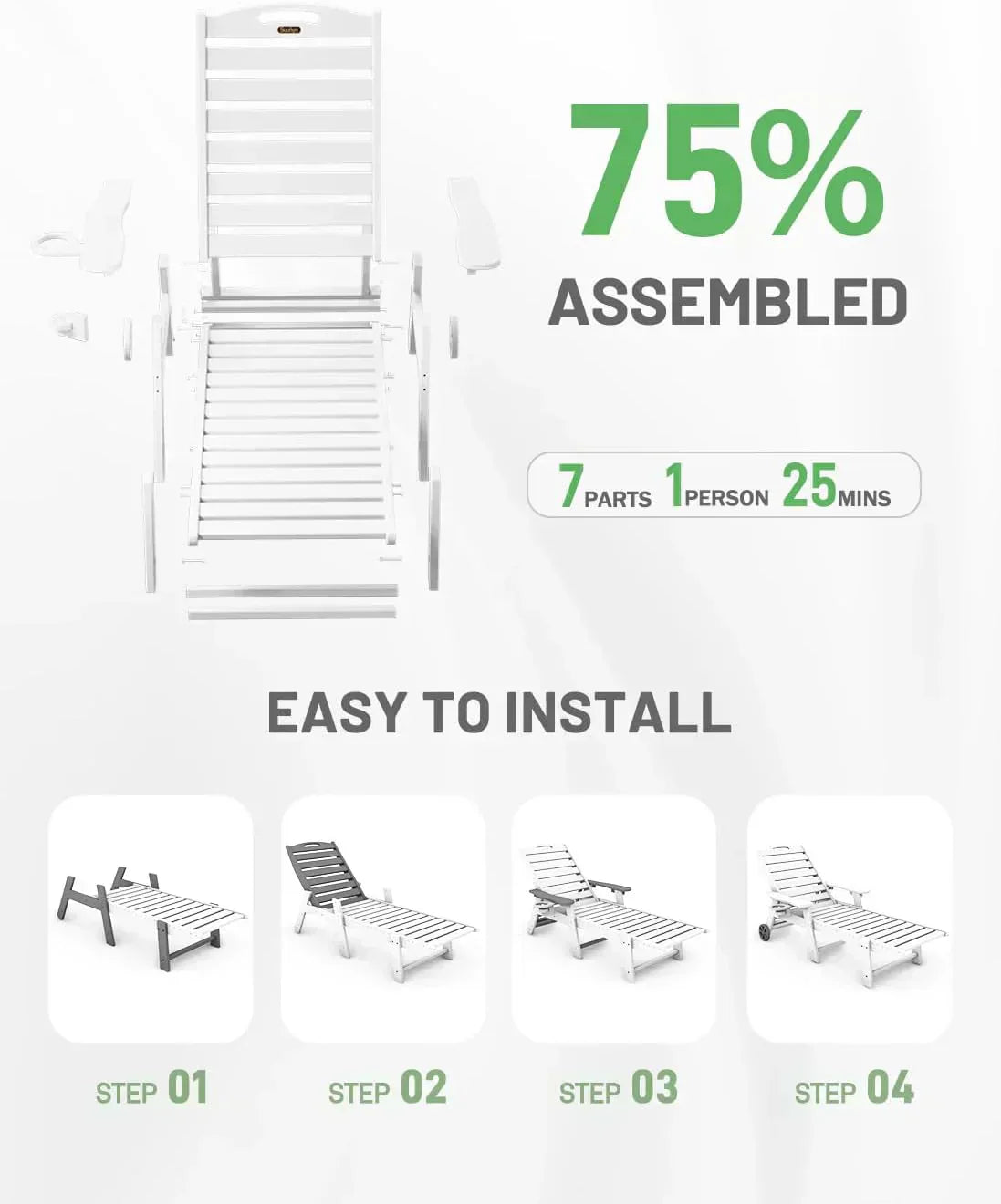Lounge Chair Outdoor Chaise Lounge HDPE 6-Position Outdoor Chaise Lounge Patio Lounge Chair wourant