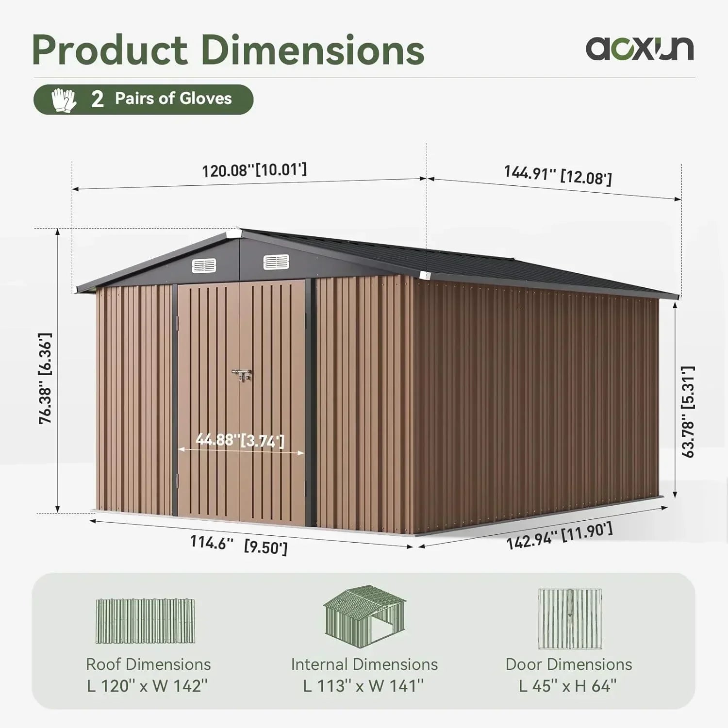 Aoxun 12x10 FT Shed Metal Outdoor Waterproof Storage Shed Steel Utility Garden Tool Shed wourant