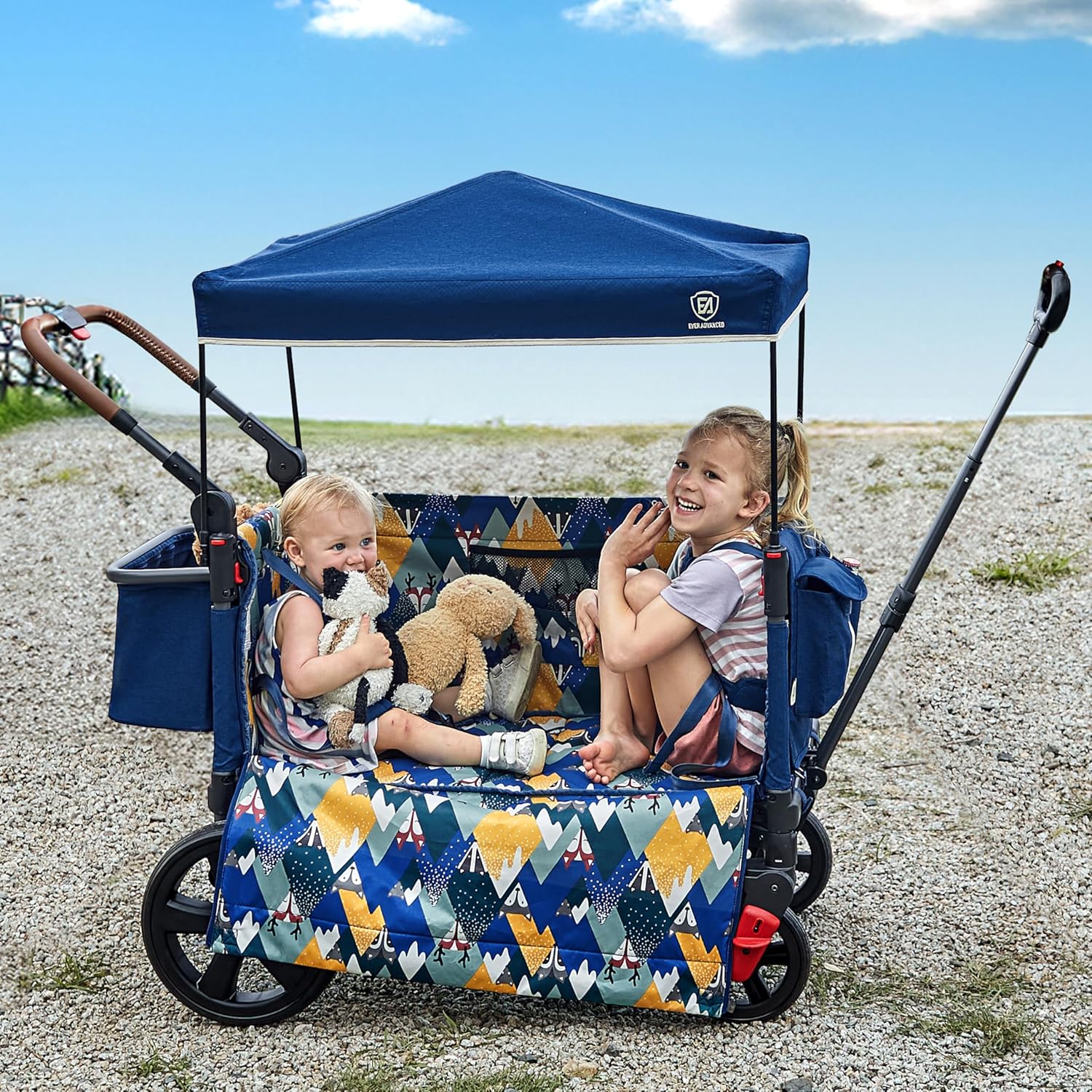 EVER ADVANCED Side-unzip Wagon Stroller for 2 Kids Push Pull Stroller with Adjustable Handle wourant